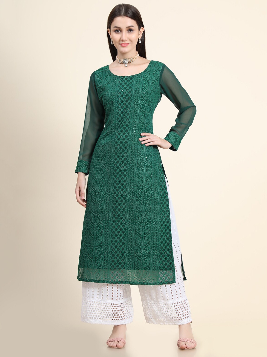 

KALINI Ethnic Motifs Embroidered Chikankari Georgette Kurta, Green