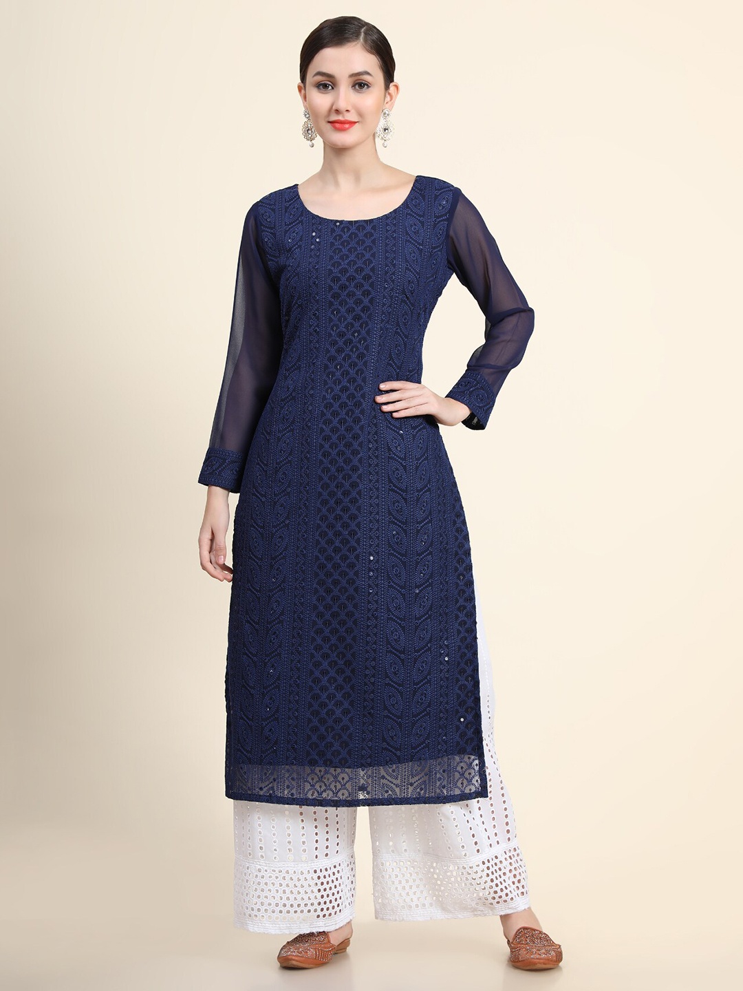 

KALINI Women Navy Blue Ethnic Motifs Embroidered Chikankari Georgette Kurta