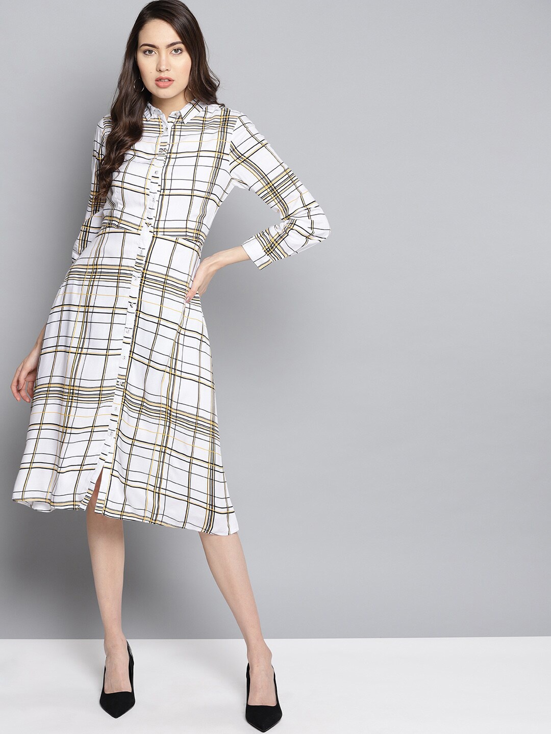 

Carlton London Off White & Yellow Checked Shirt Midi Dress