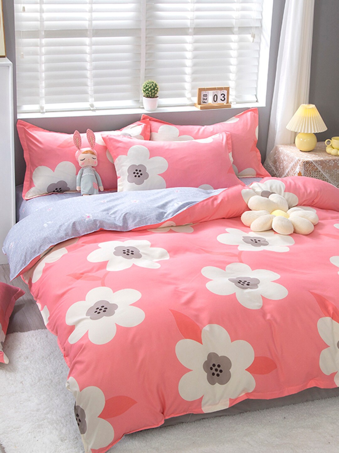 

JC HOME Pink Floral Print Polycotton Bedding Set