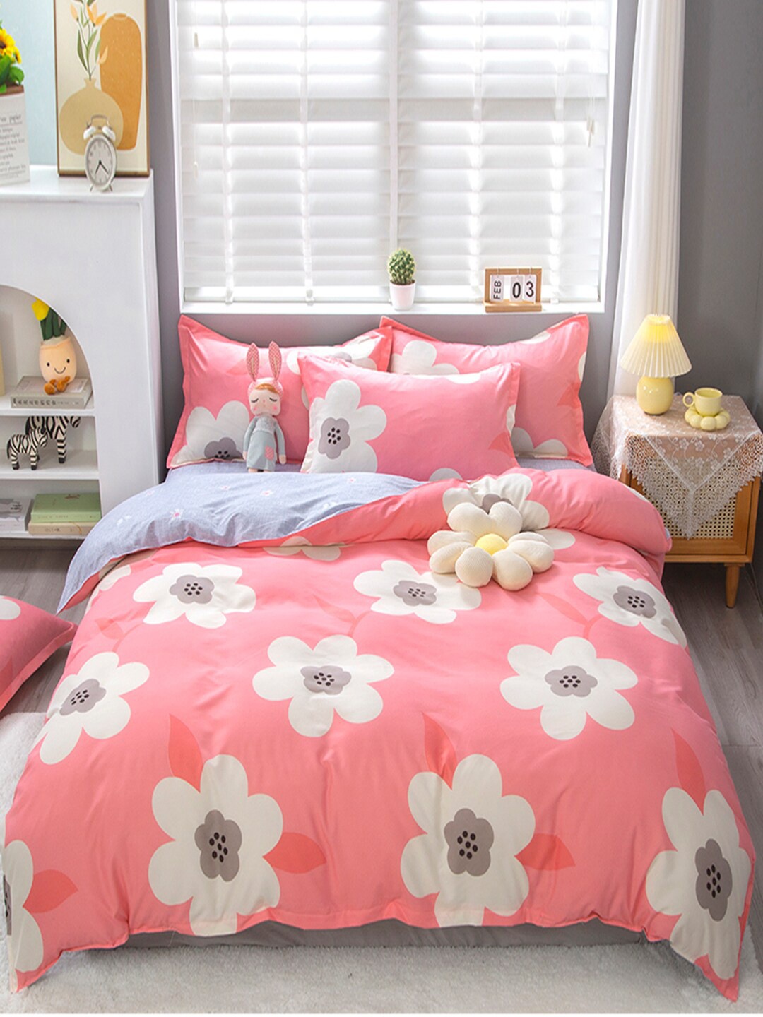 

JC HOME Pink & Blue Printed Double Queen Bedding Set