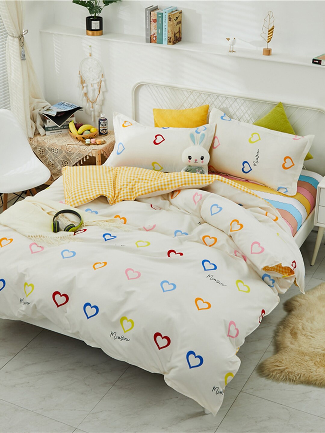 

JC HOME White & Yellow Printed Double King Bedding Set