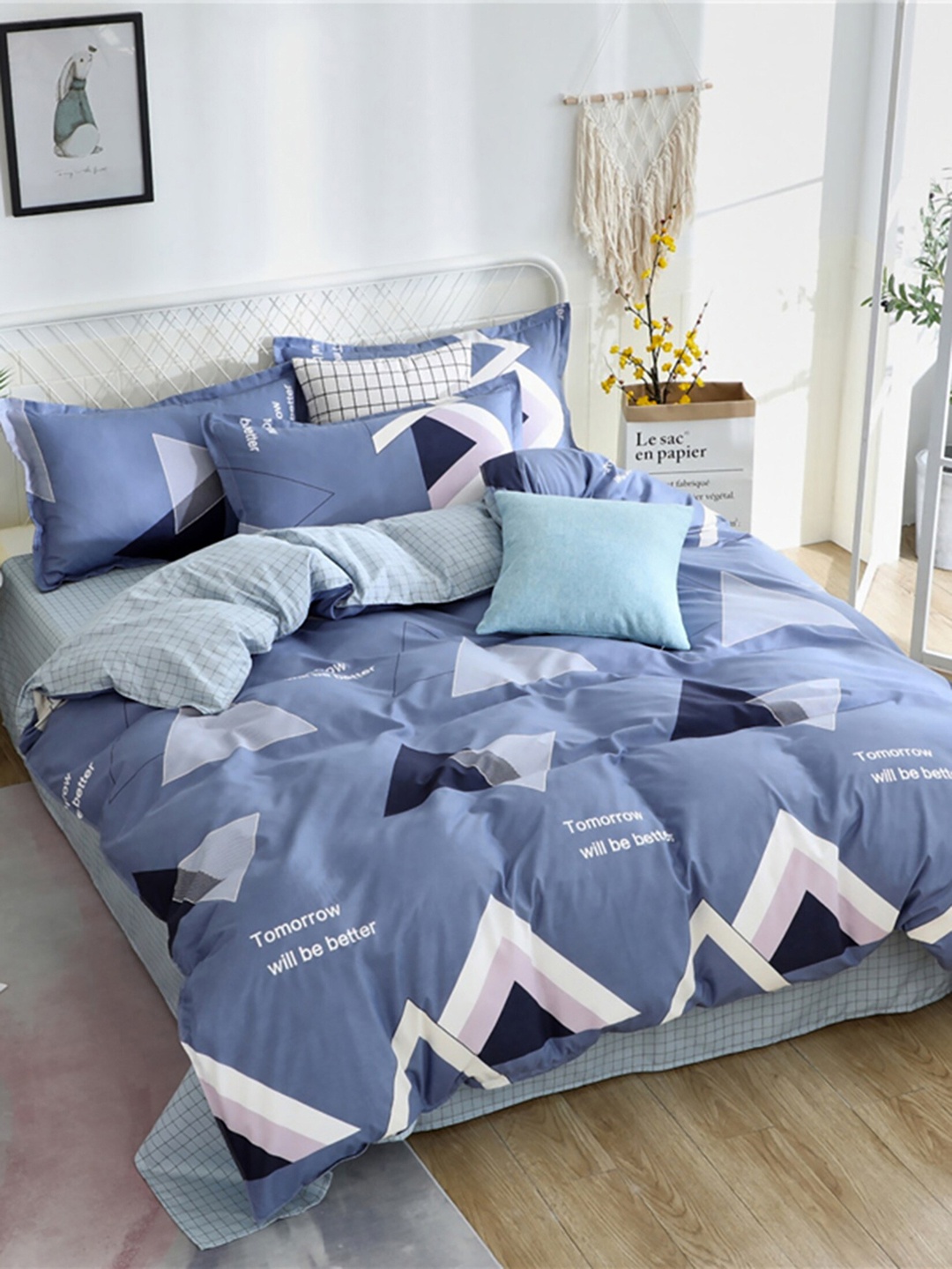 

JC HOME Blue Printed Double King Size Bedding Set