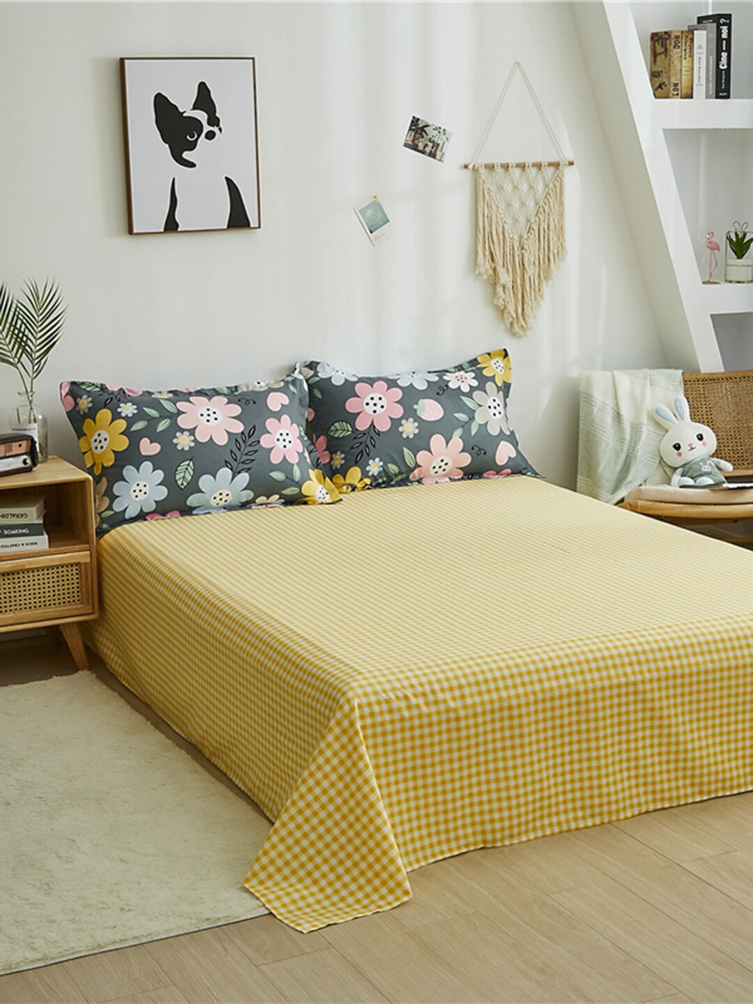 

JC HOME Grey & Yellow Printed Double King Bedding Set
