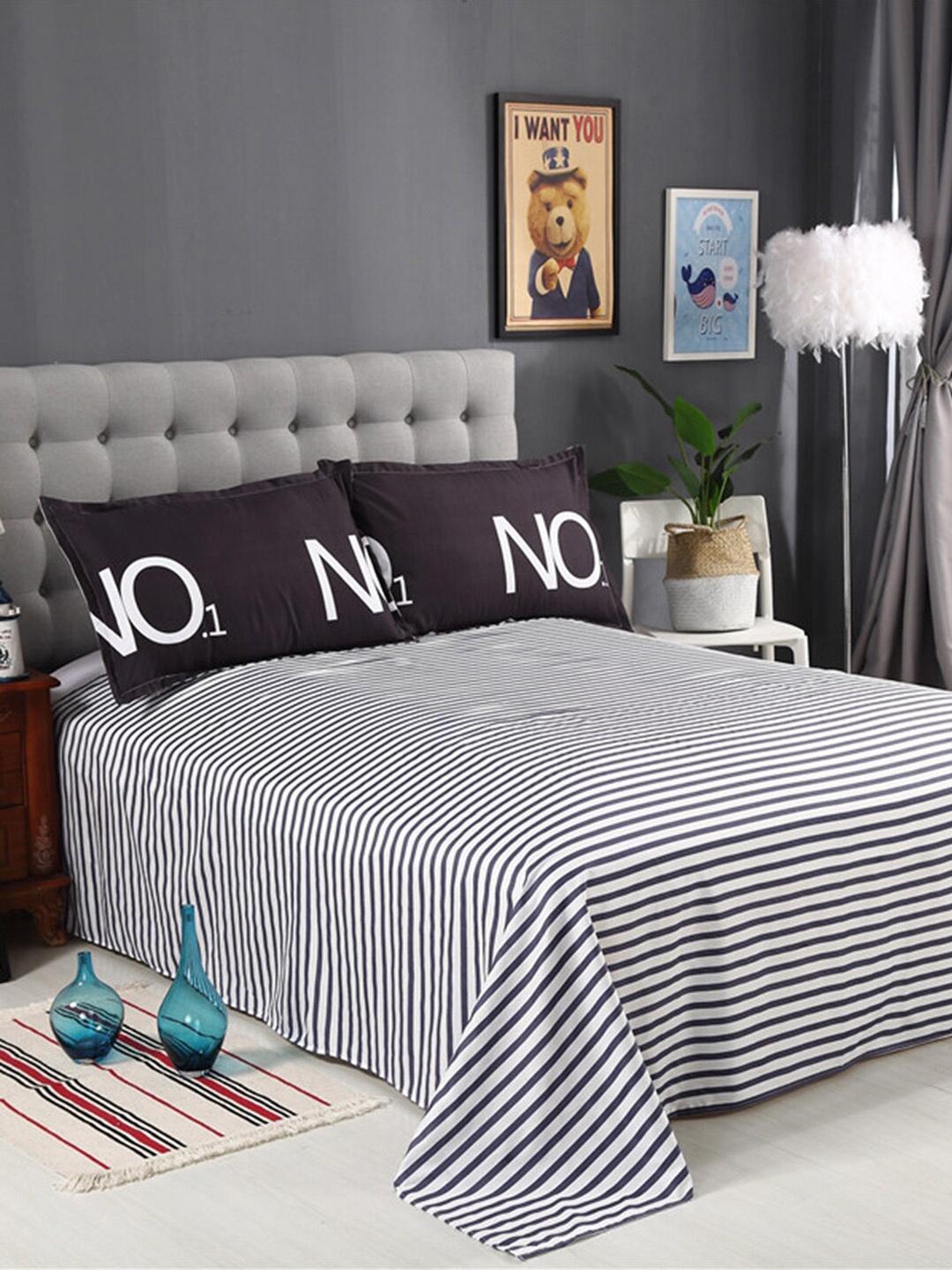 

JC HOME Navy Blue & White Printed Double King Reversible Bedding Set