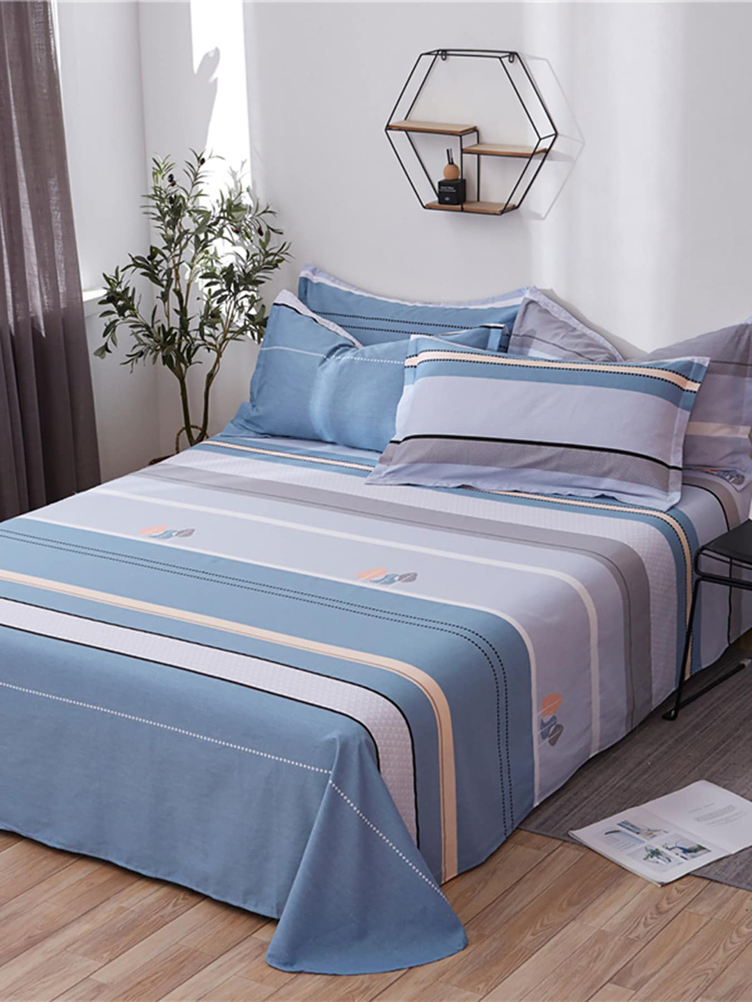 

JC Collection Blue & Lavender Striped Pure Cotton Double XL Bedding Set
