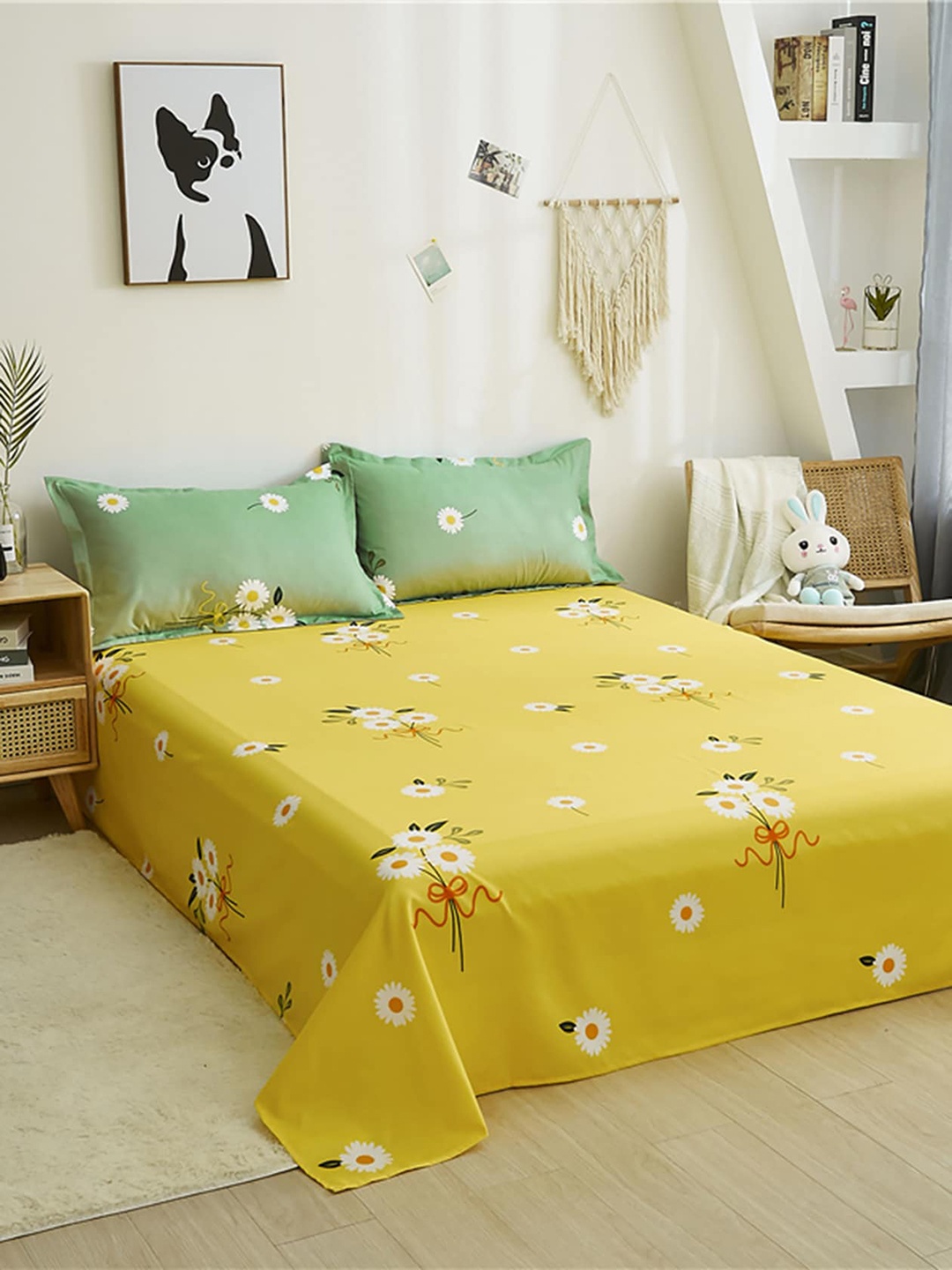 

JC HOME Green & Yellow Printed Reversible Double King Bedding Set