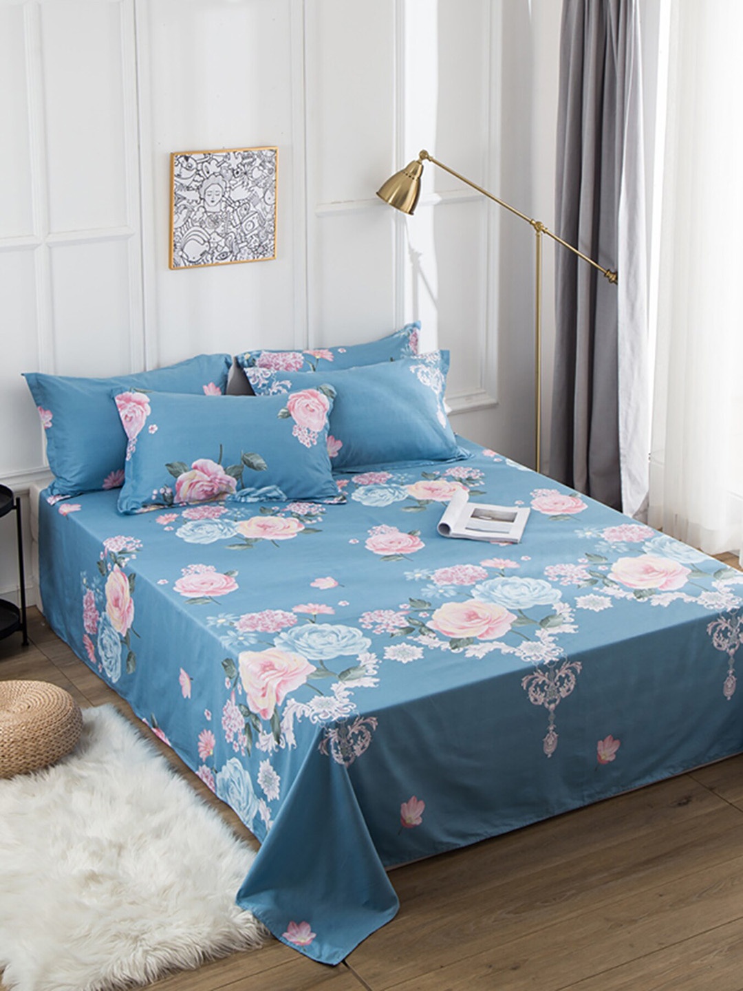 

JC Collection Blue & Pink Floral Printed Pure Cotton Single Bedding Set