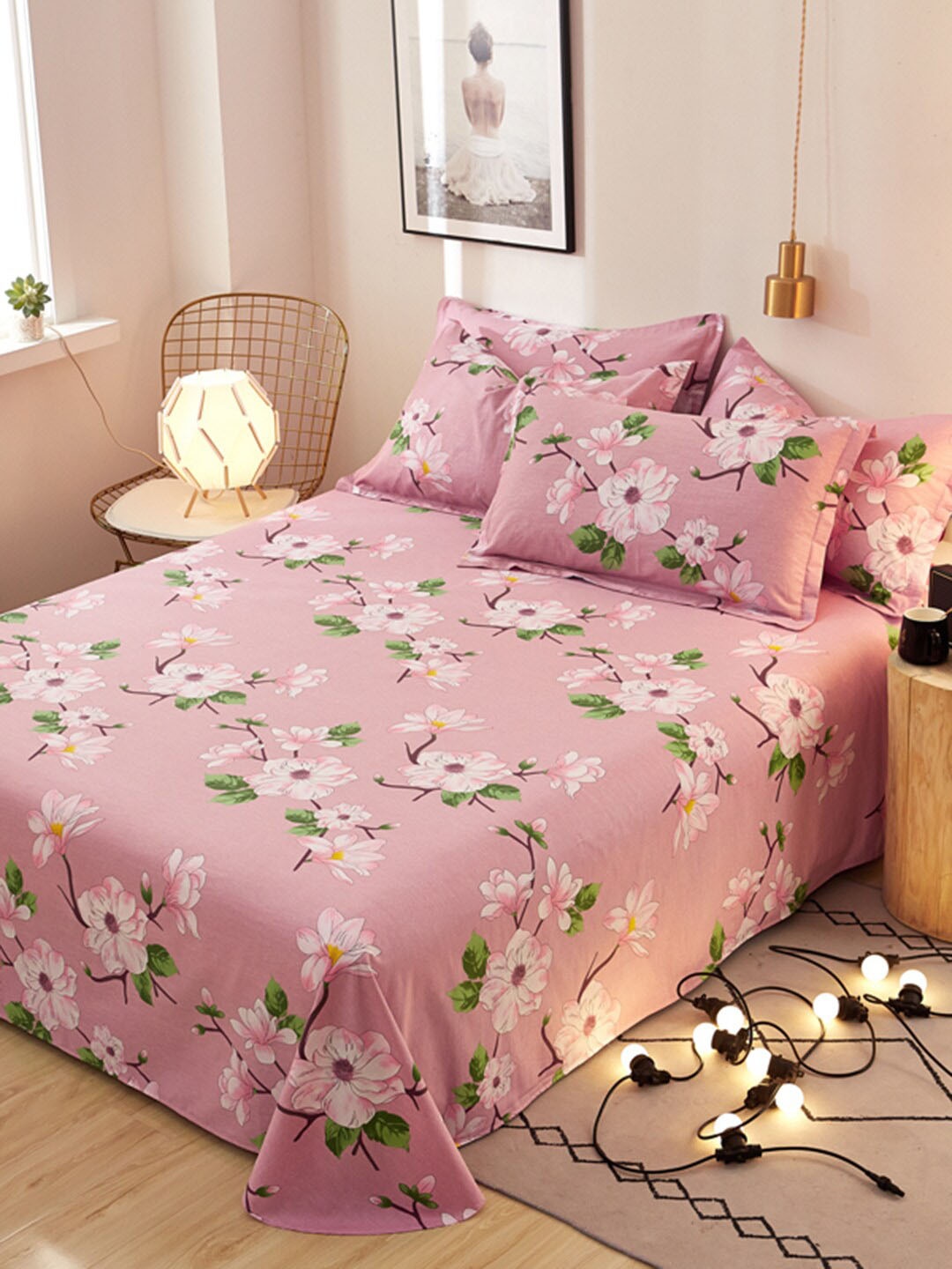 

JC Collection Pink Printed Pure Cotton Double Queen Size Bedding Set