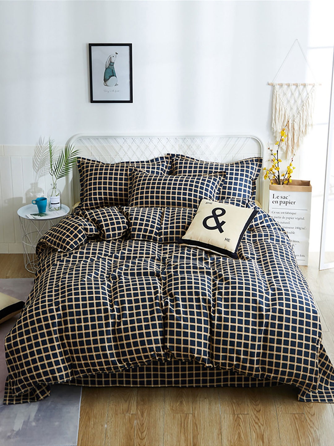

JC Collection Black & Yellow Checked Double King Bedding Set