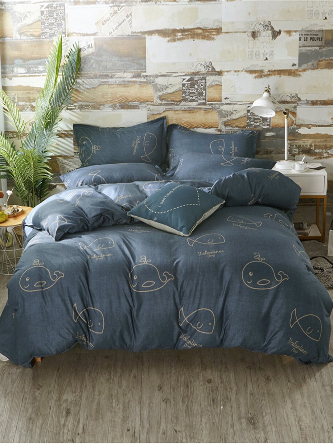 

JC HOME Navy Blue Printed Single Bedding Set