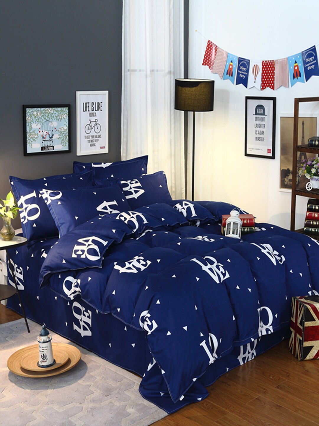 

JC Collection Blue & White Printed Double King Bedding Set
