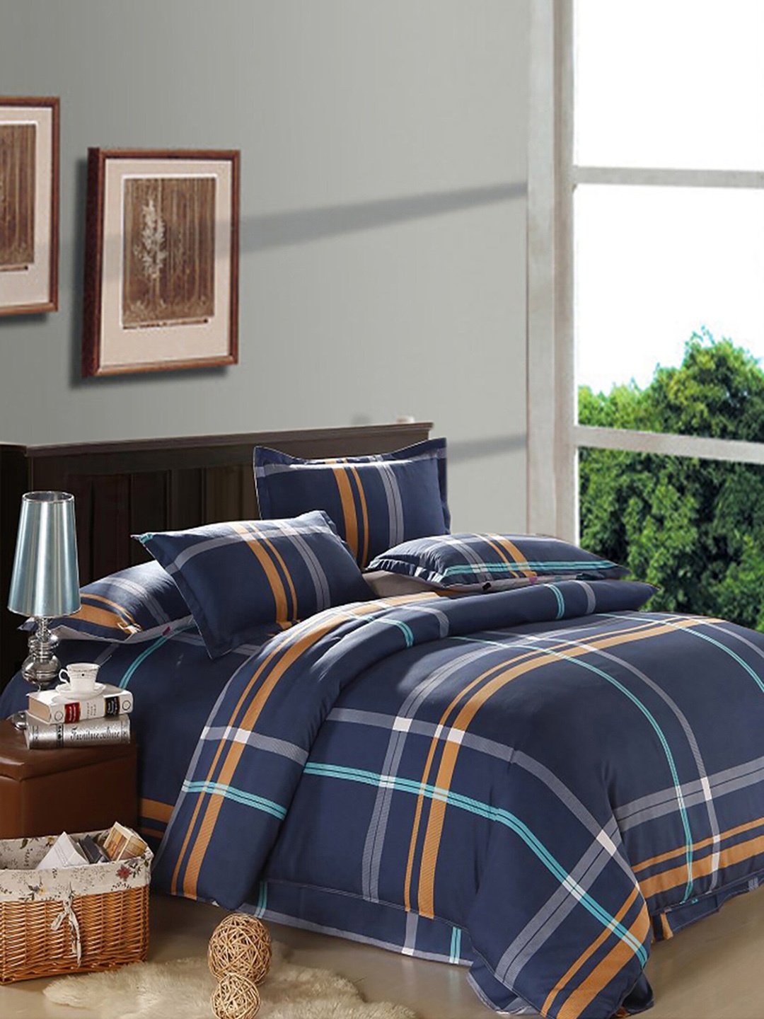 

JC HOME Blue Checked Double Extra Large Bedding Set