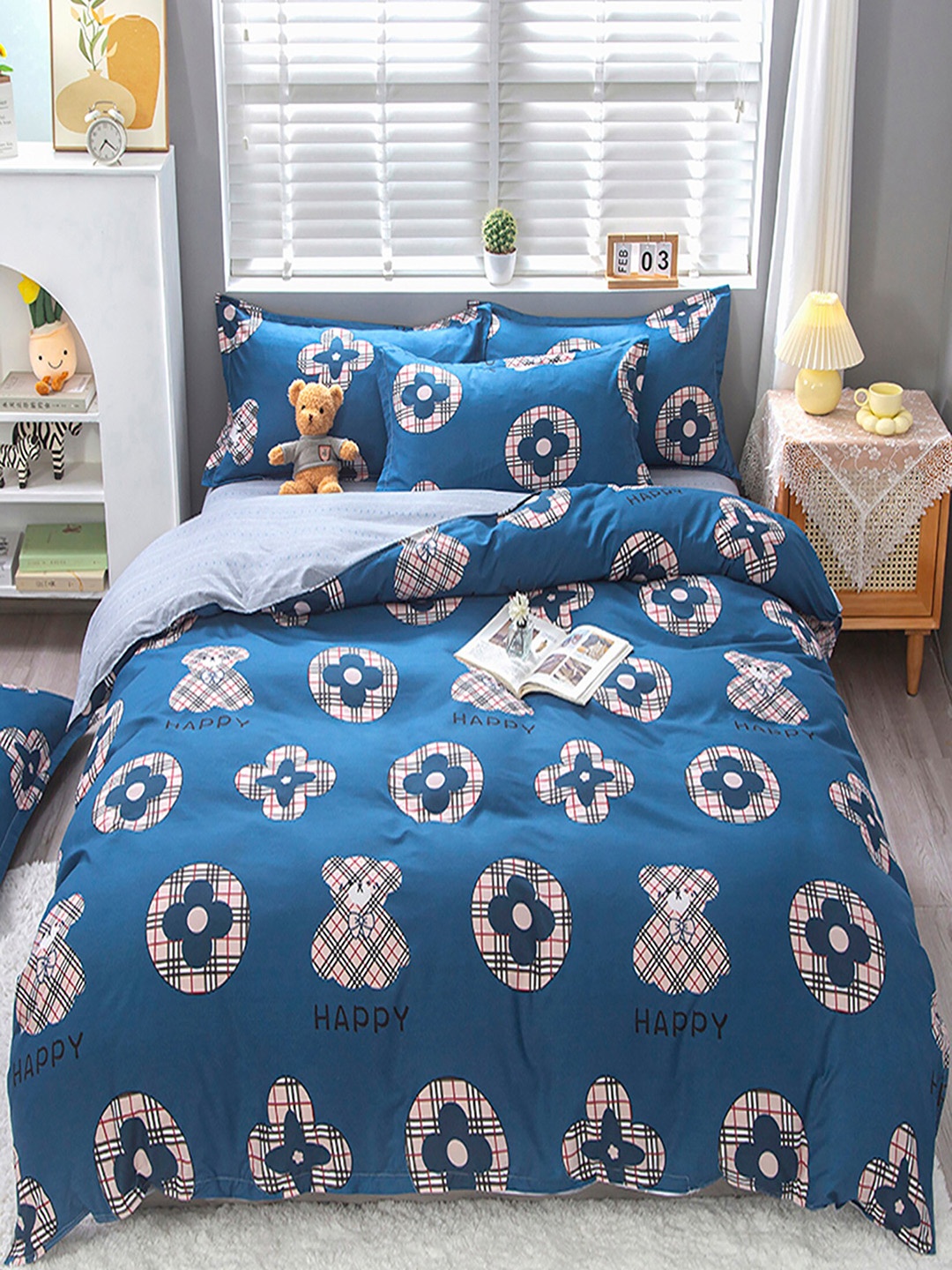 

JC Collection Blue & Grey Printed Double XL Bedding Set