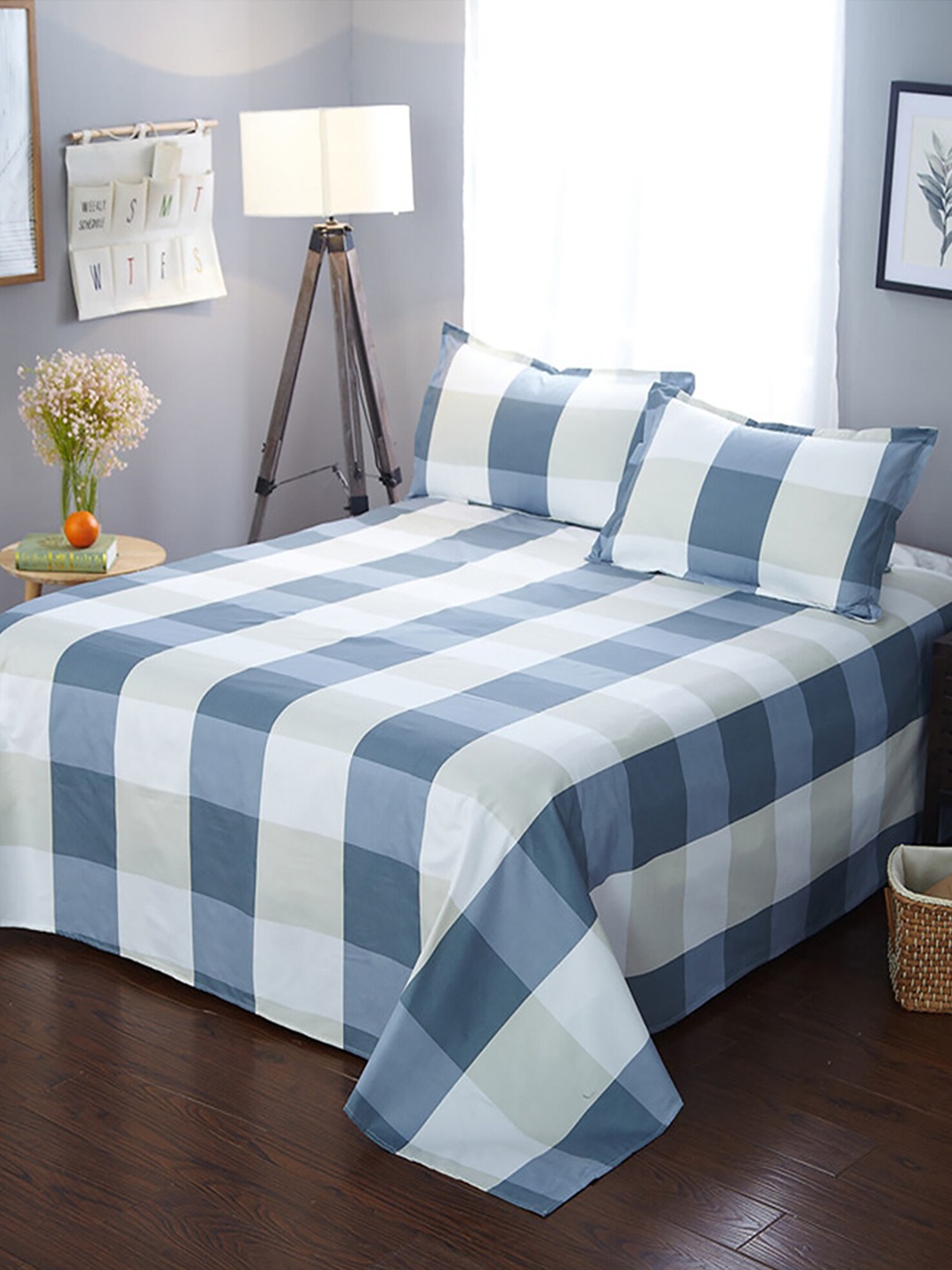 

JC Collection Blue & White Checked Double Queen Bedding Set