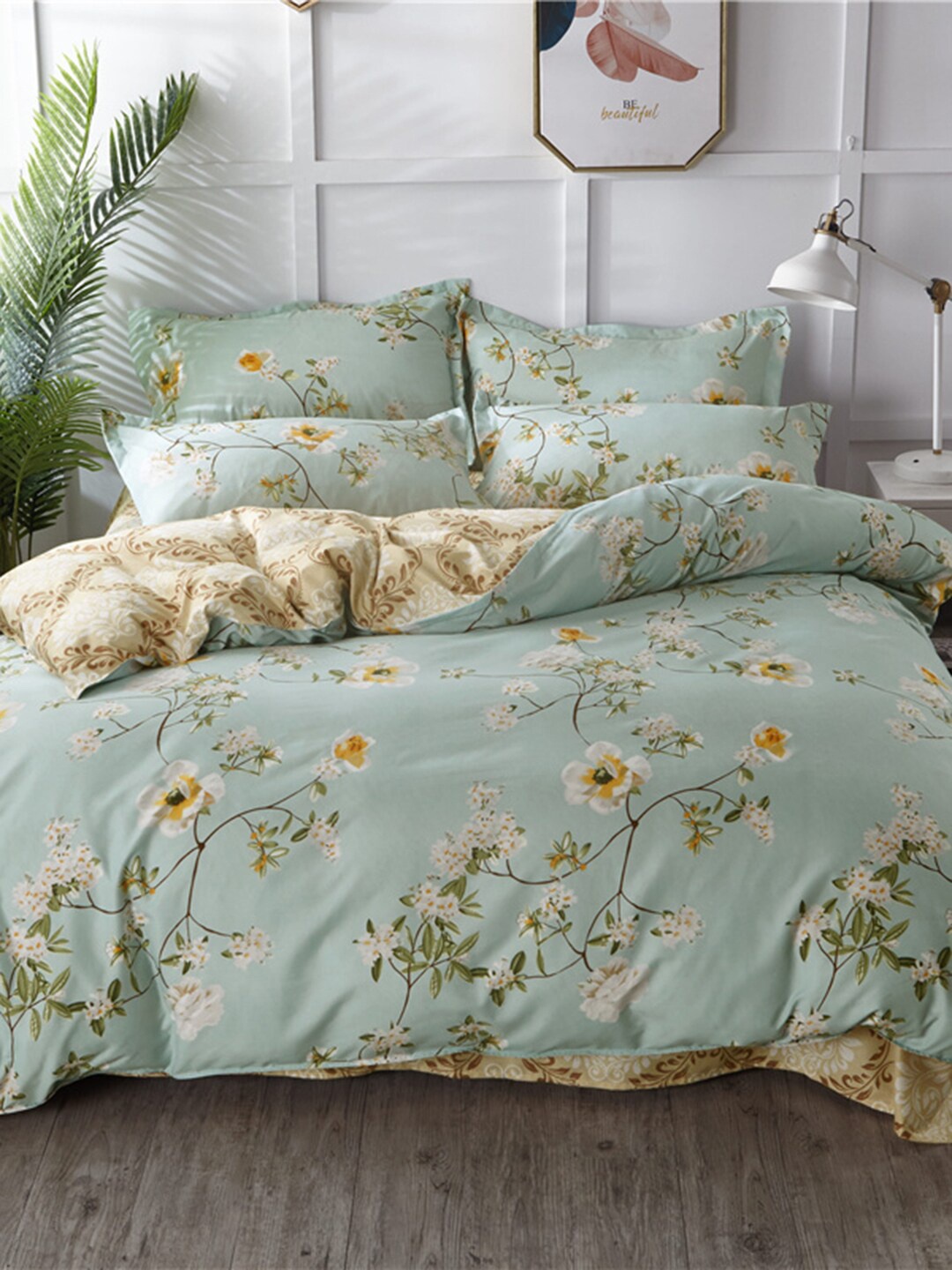 

JC HOME Sea Green & Brown Floral Printed Double Queen 4-Piece Bedding Set