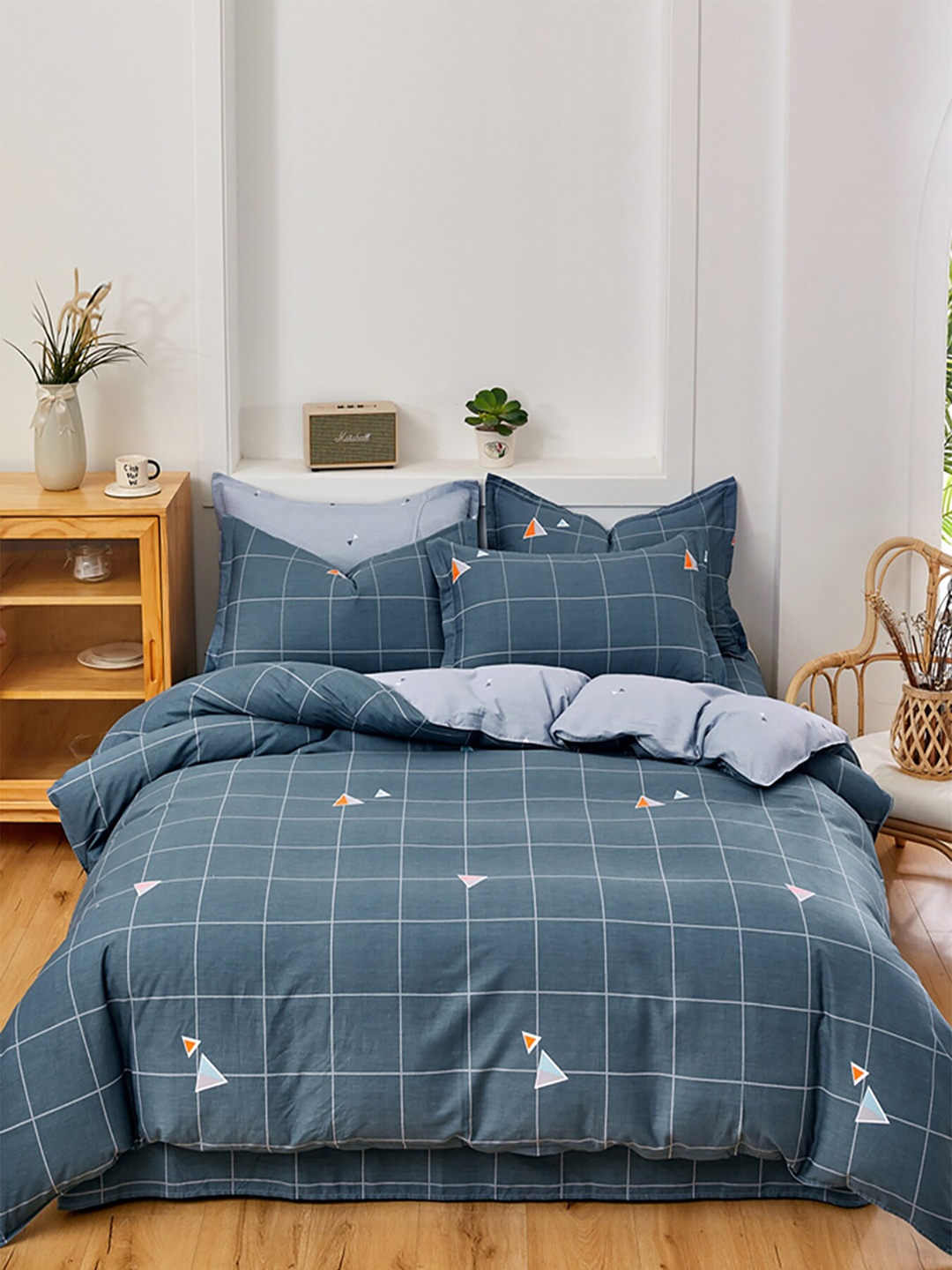 

JC HOME Grey Checked Pure Cotton Single Bedding Set
