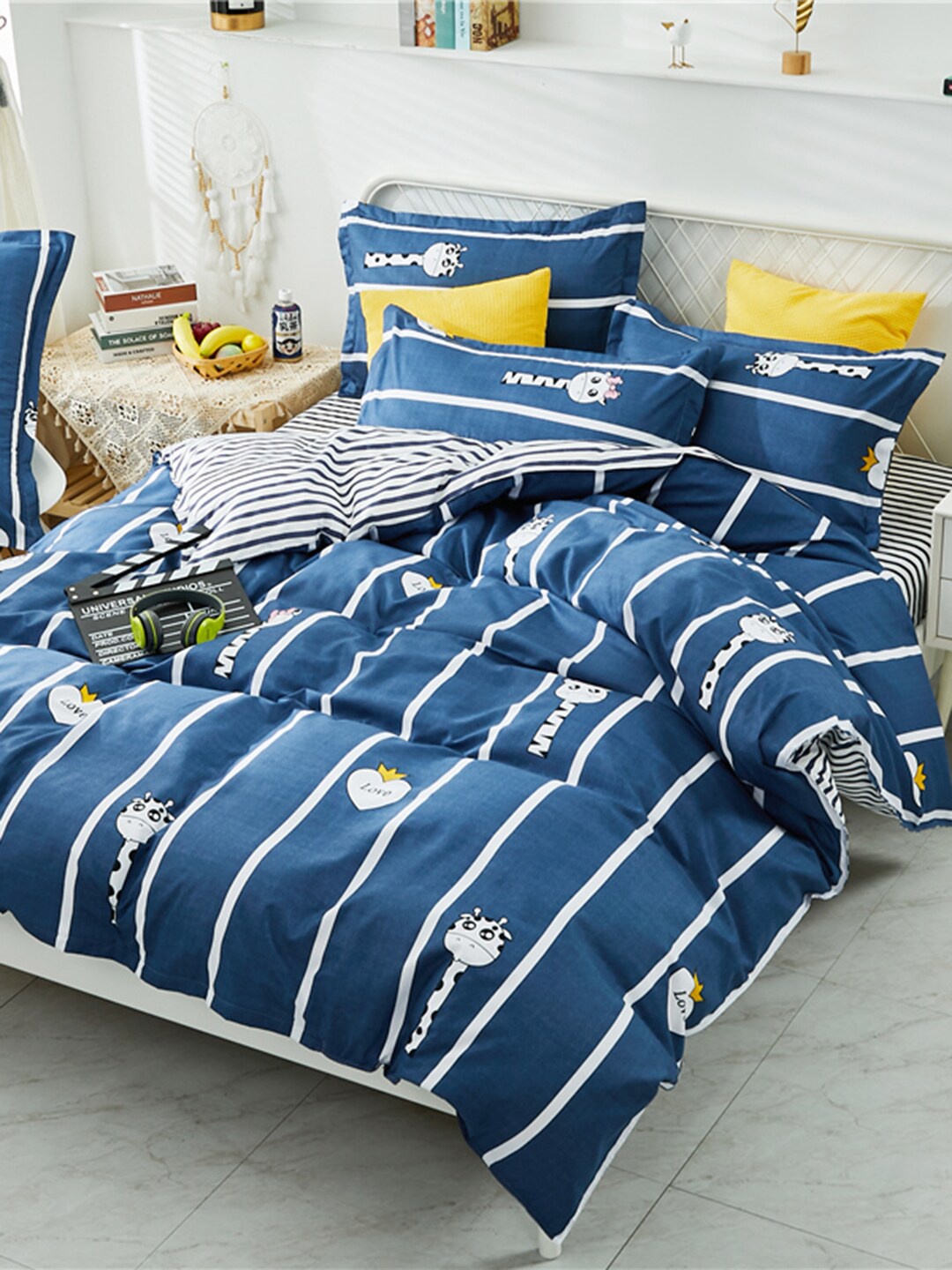 

JC HOME Blue & White Striped Double XL Bedding Set