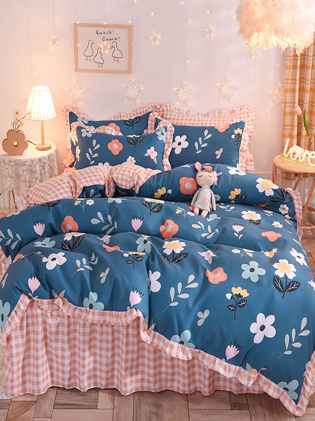 

JC HOME Orange & Blue Printed King Bedding Set & 2 Pillow Covers & Quilt Cover