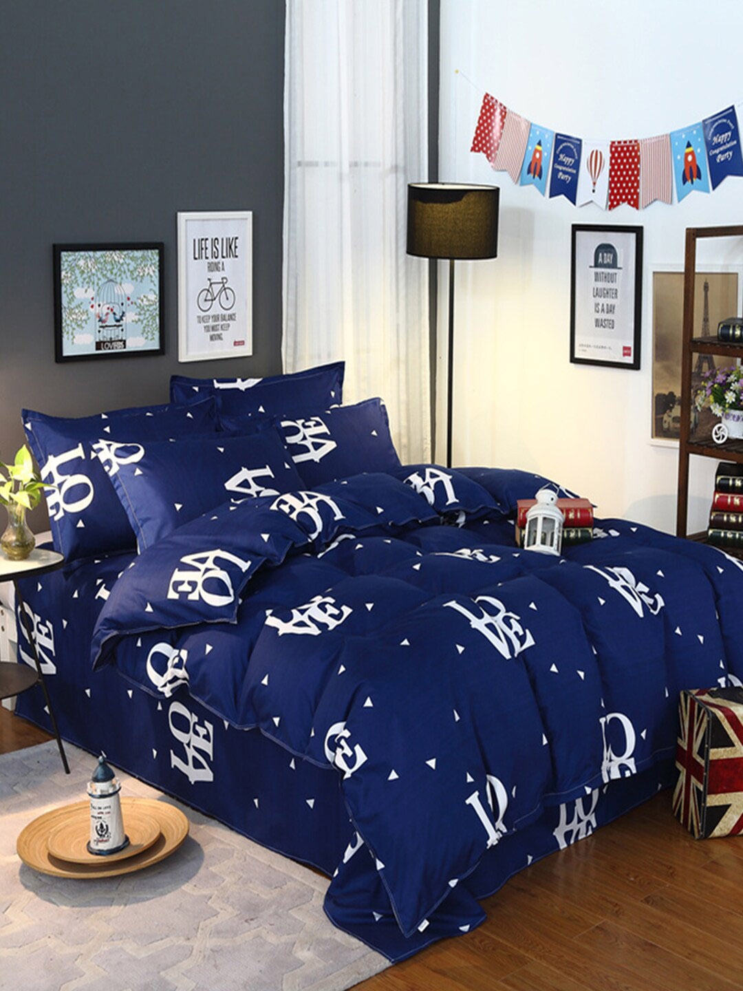 

JC Collection Blue Printed Double King Bedding Set With 2 Pillow Covers & Quilt Cover