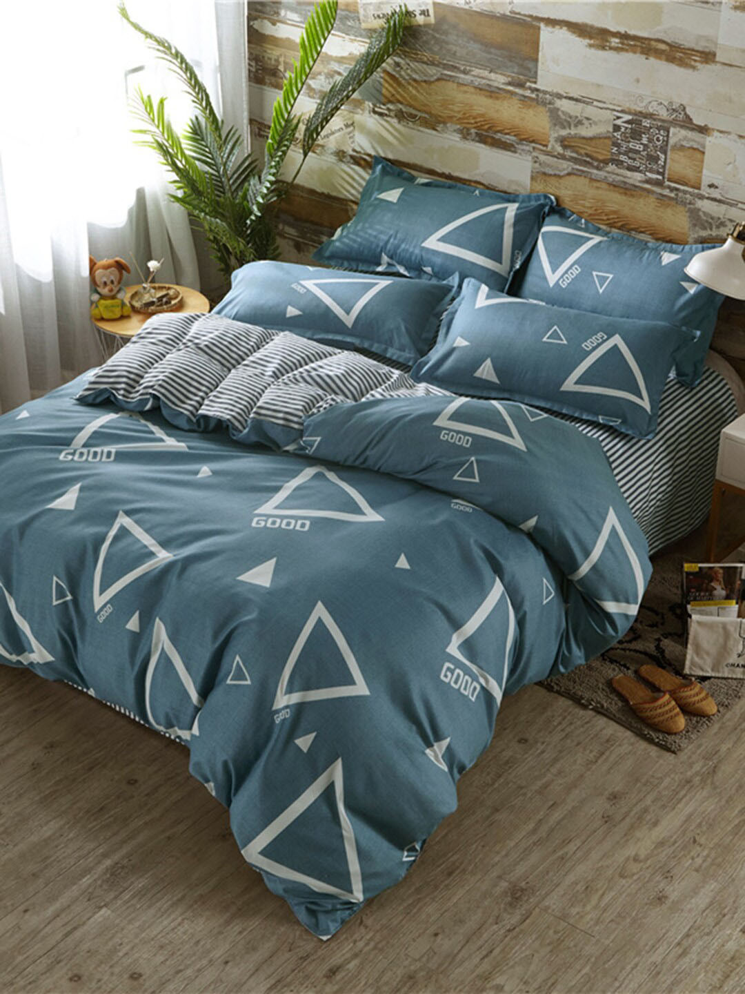 

JC HOME Green & White Printed King Bedding Set & 2 Pillow Covers & Quilt Cover