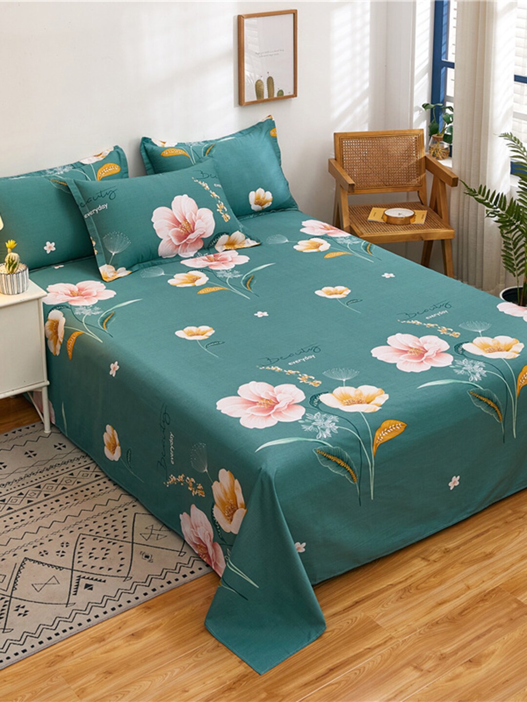 

JC HOME Green Printed Pure Cotton King Bedding Set & 2 Pillow Covers & Quilt Cover