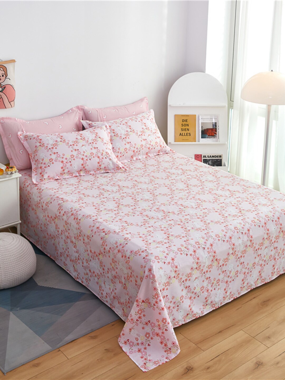 

JC HOME White & Pink Printed Pure Cotton Double Extra King Bedding Set