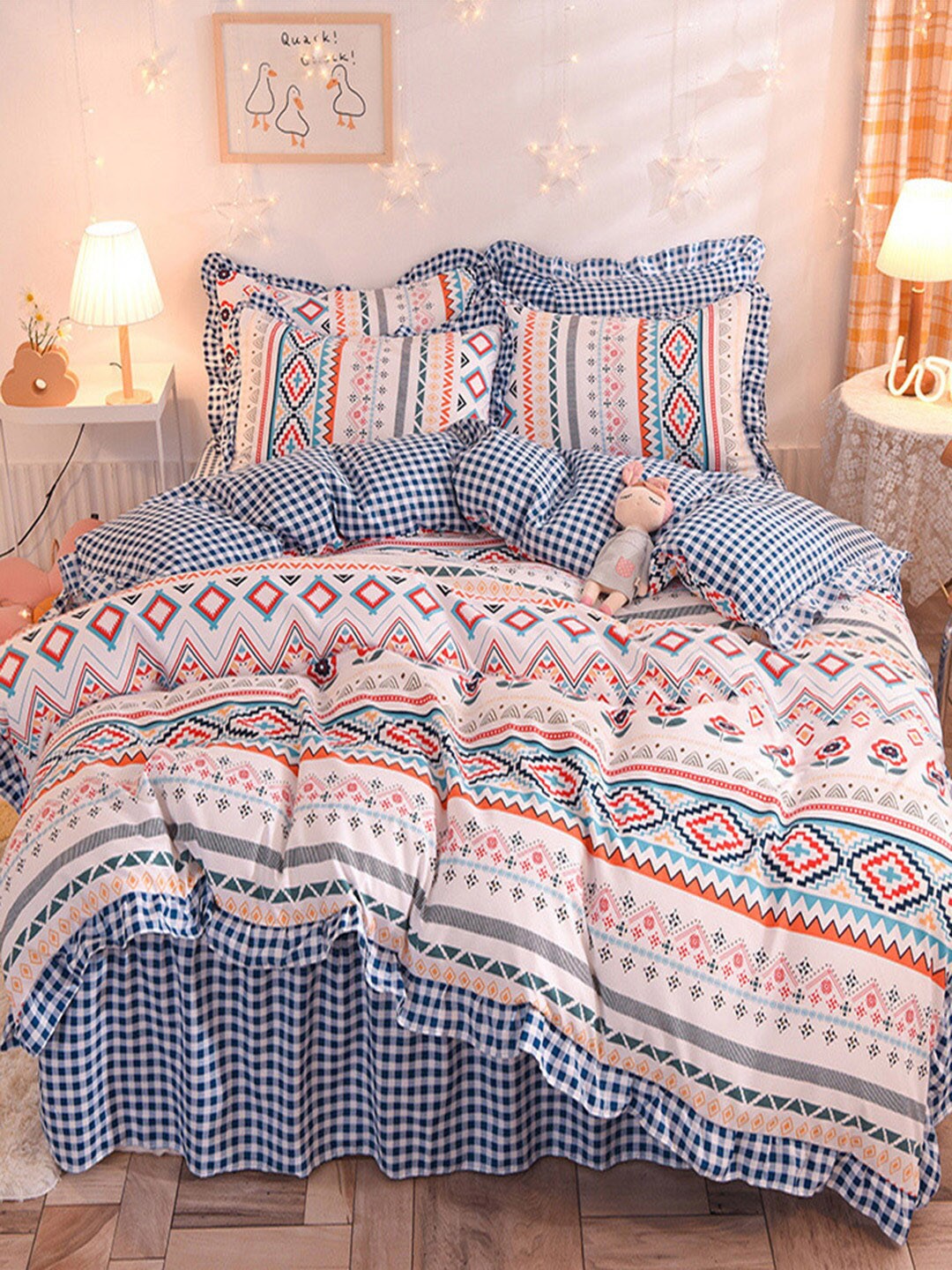 

JC Collection White & Blue Printed Double King Bedding Set