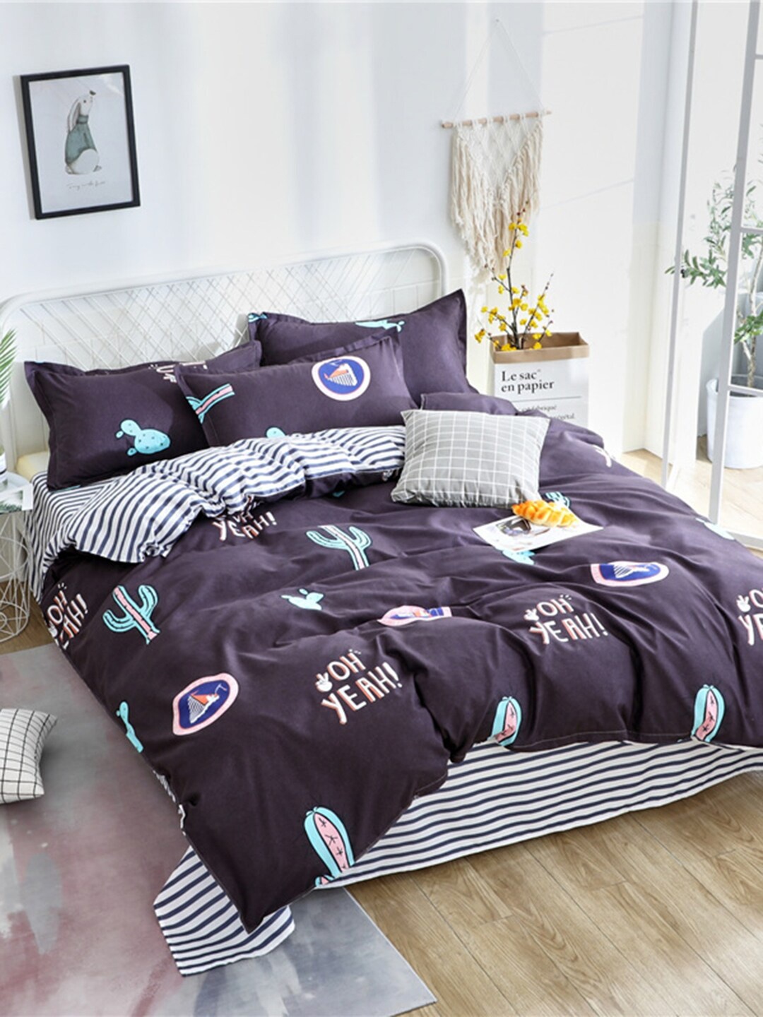 

JC Collection Purple & White Printed Double Queen Bedding Set