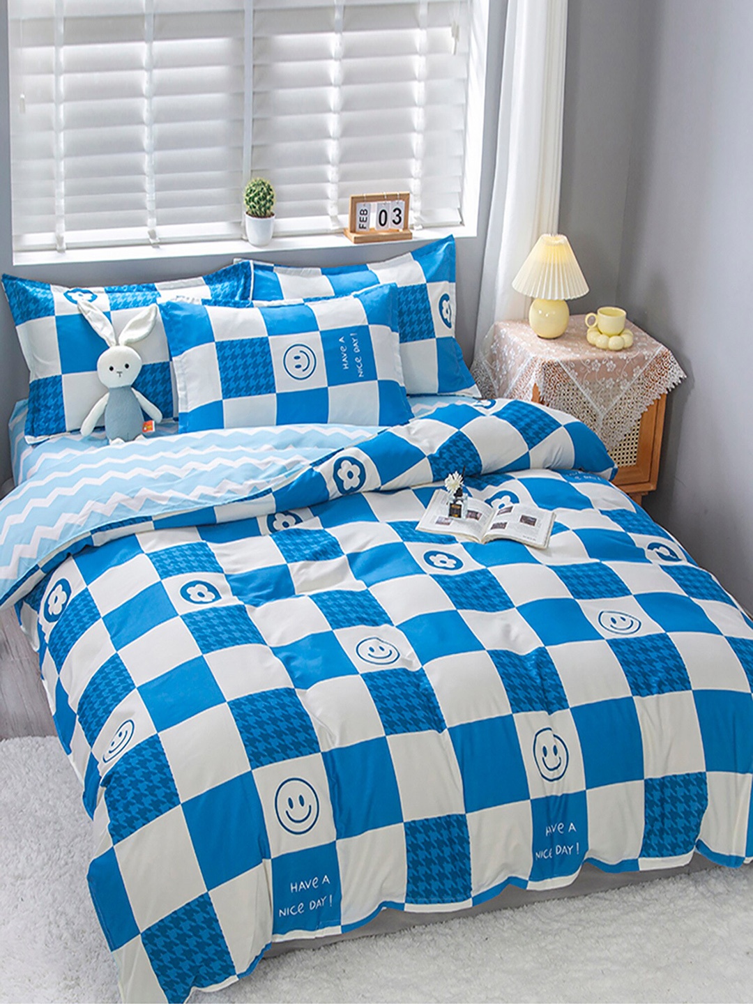 

JC HOME Blue & White Checked Double King Bedding Set