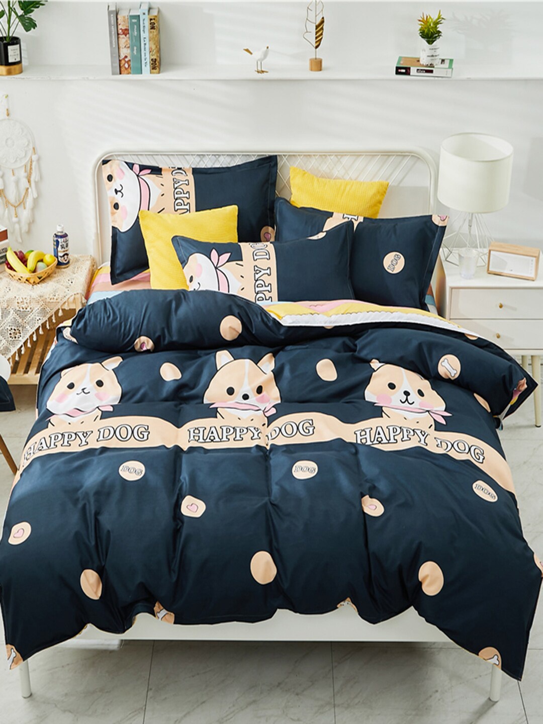 

JC HOME Navy-Blue & Pink Printed Single Bedding Set