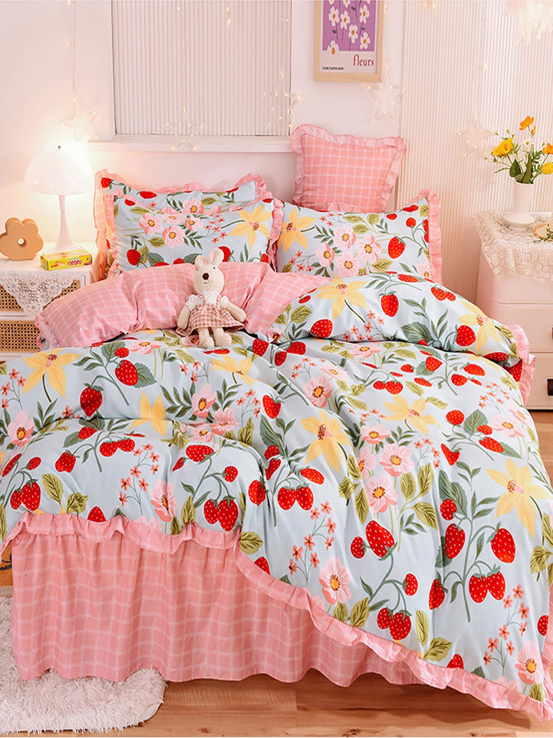 

JC Collection Pink & Off-White Printed Double King Size Bedding Set, Multi