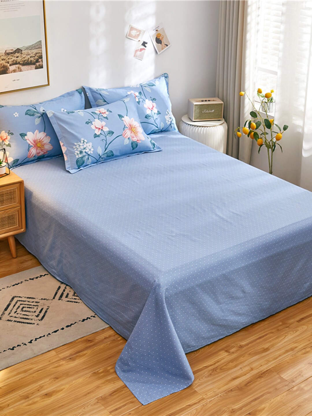 

JC HOME Blue Printed Double Queen Cotton Bedding Set