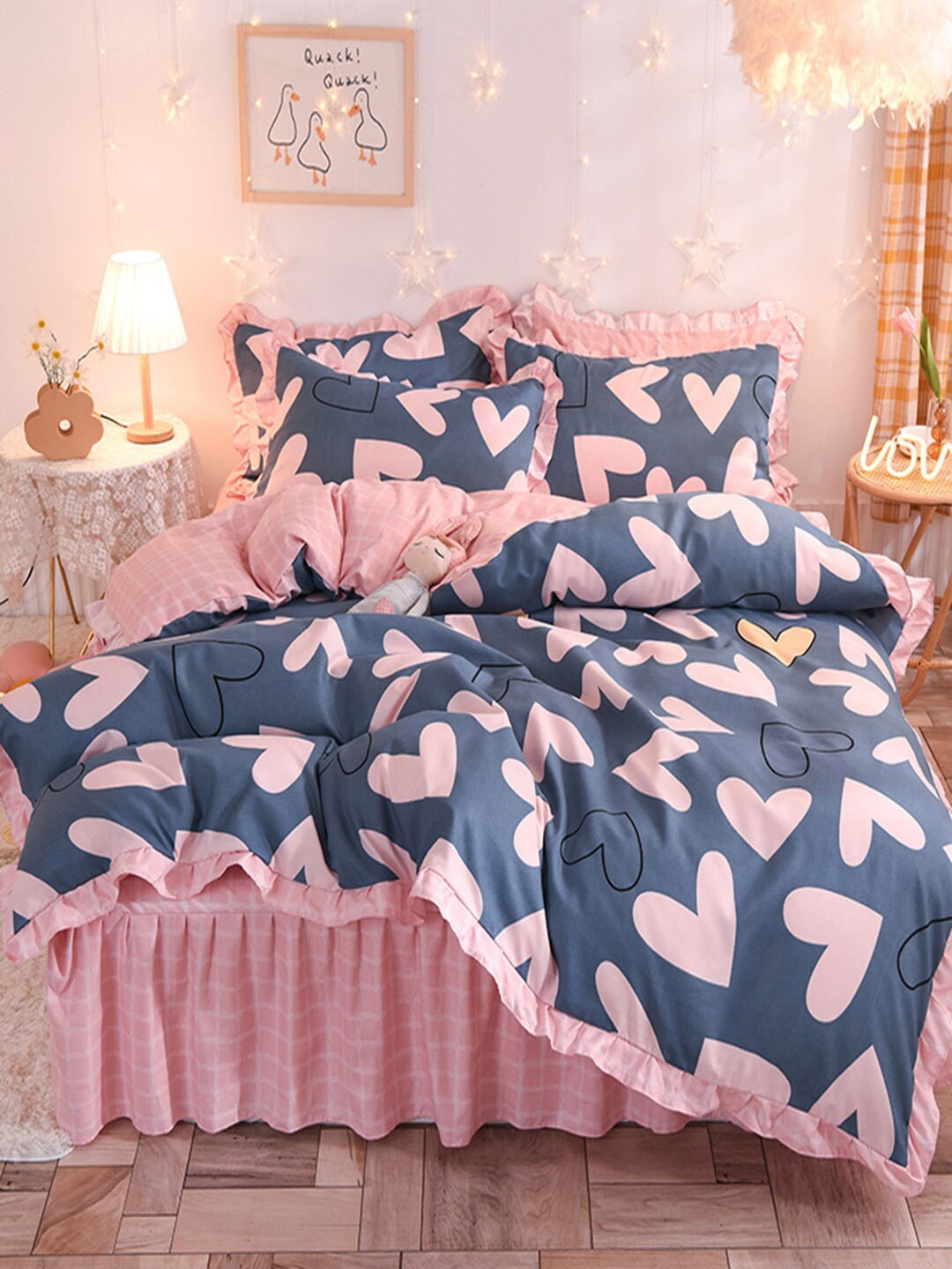 

JC HOME Pink & Grey Printed Double King Cotton Bedding Set