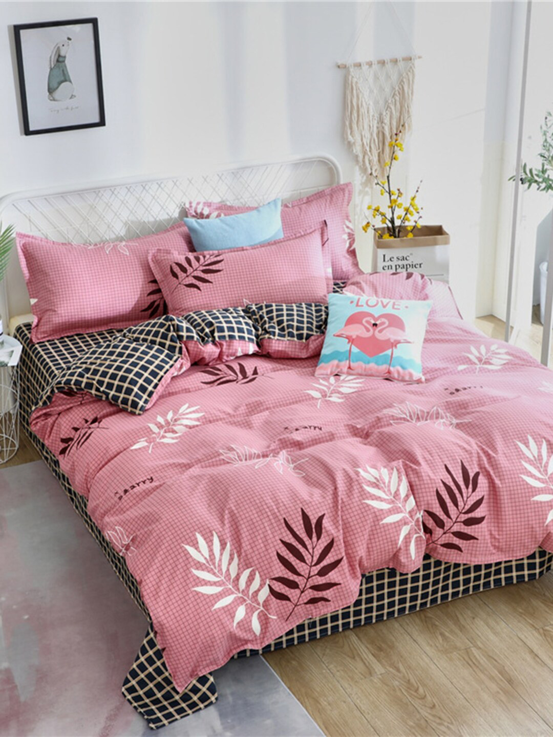 

JC Collection Pink Printed Double XL Size Bedding Set