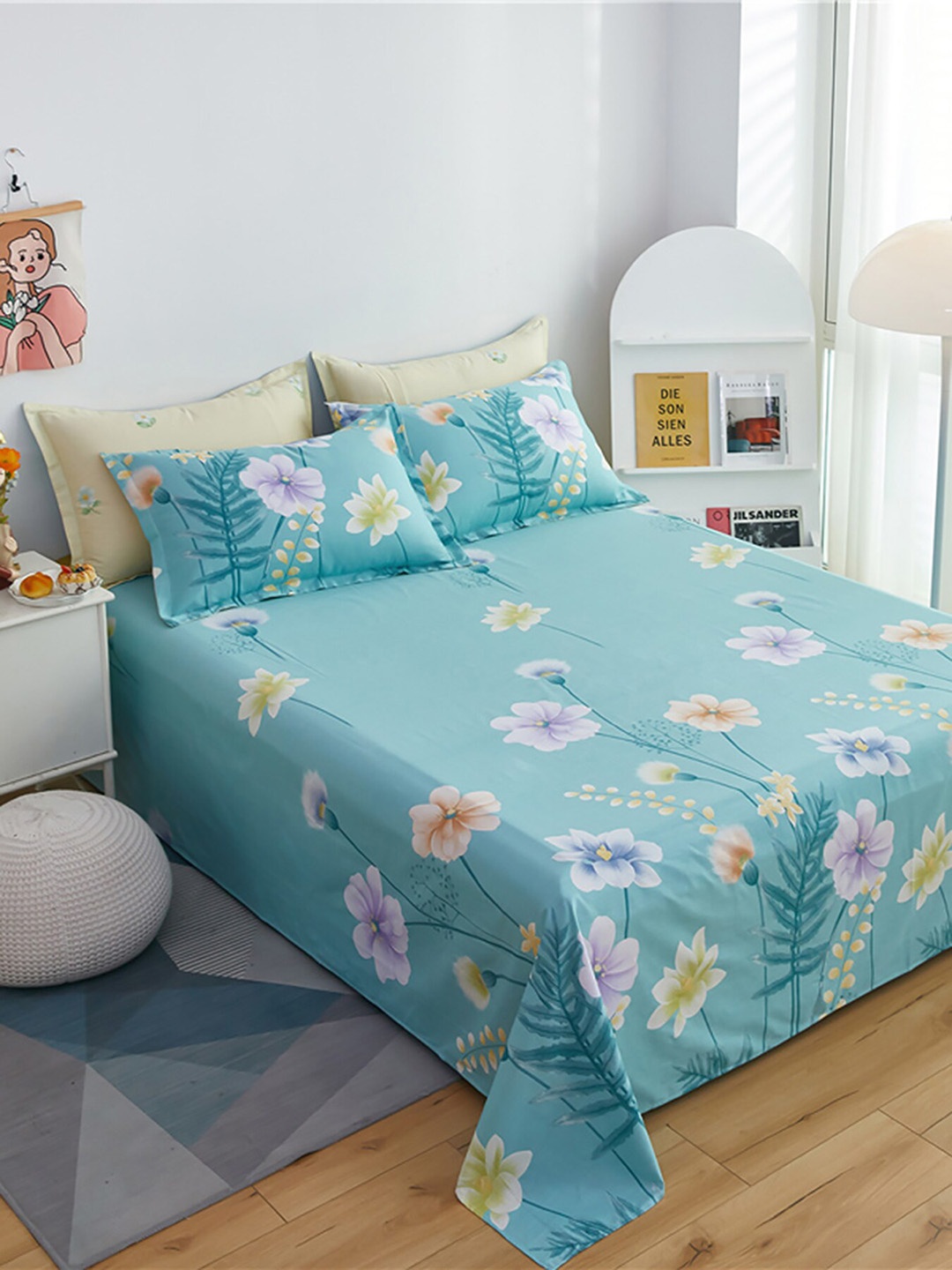 

JC Collection Blue & Yellow Floral Printed Pure Cotton Double King Bedding Set