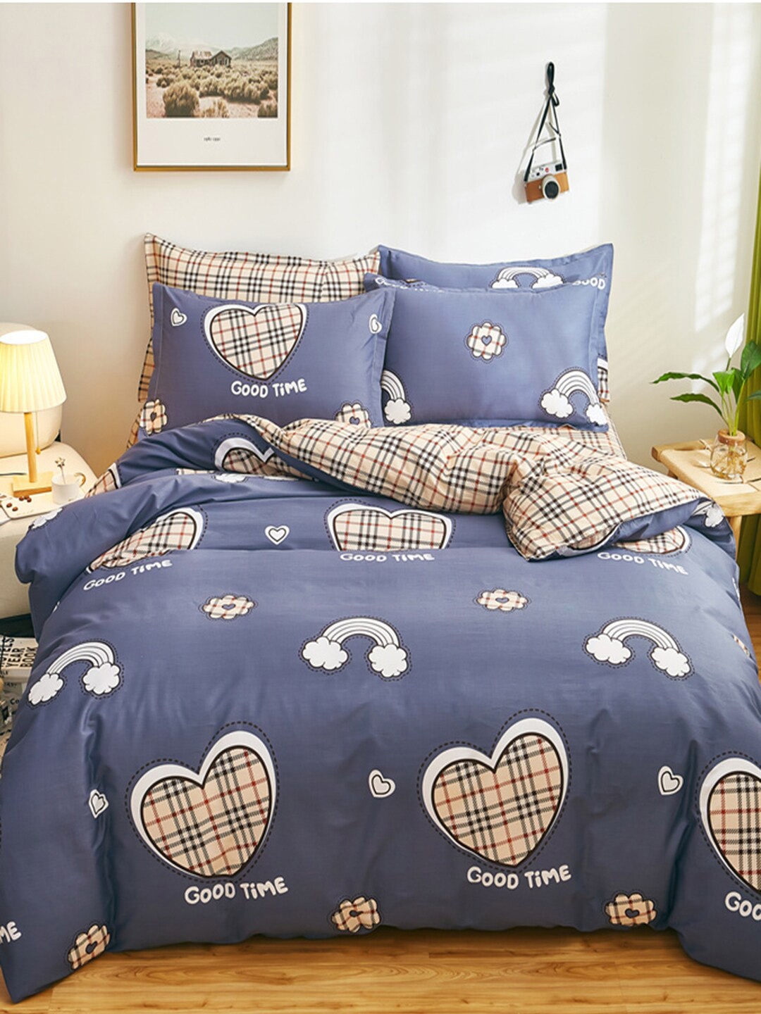 

JC Collection Navy Blue & Beige Printed Double King Reversible Bedding Set