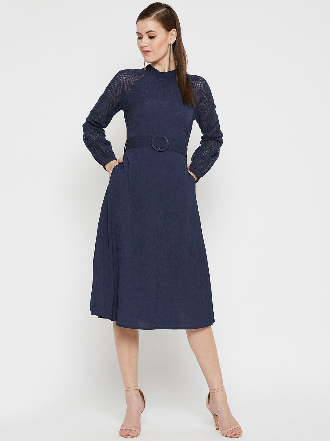 

Carlton London Women Navy Blue Solid Crepe Midi Dress