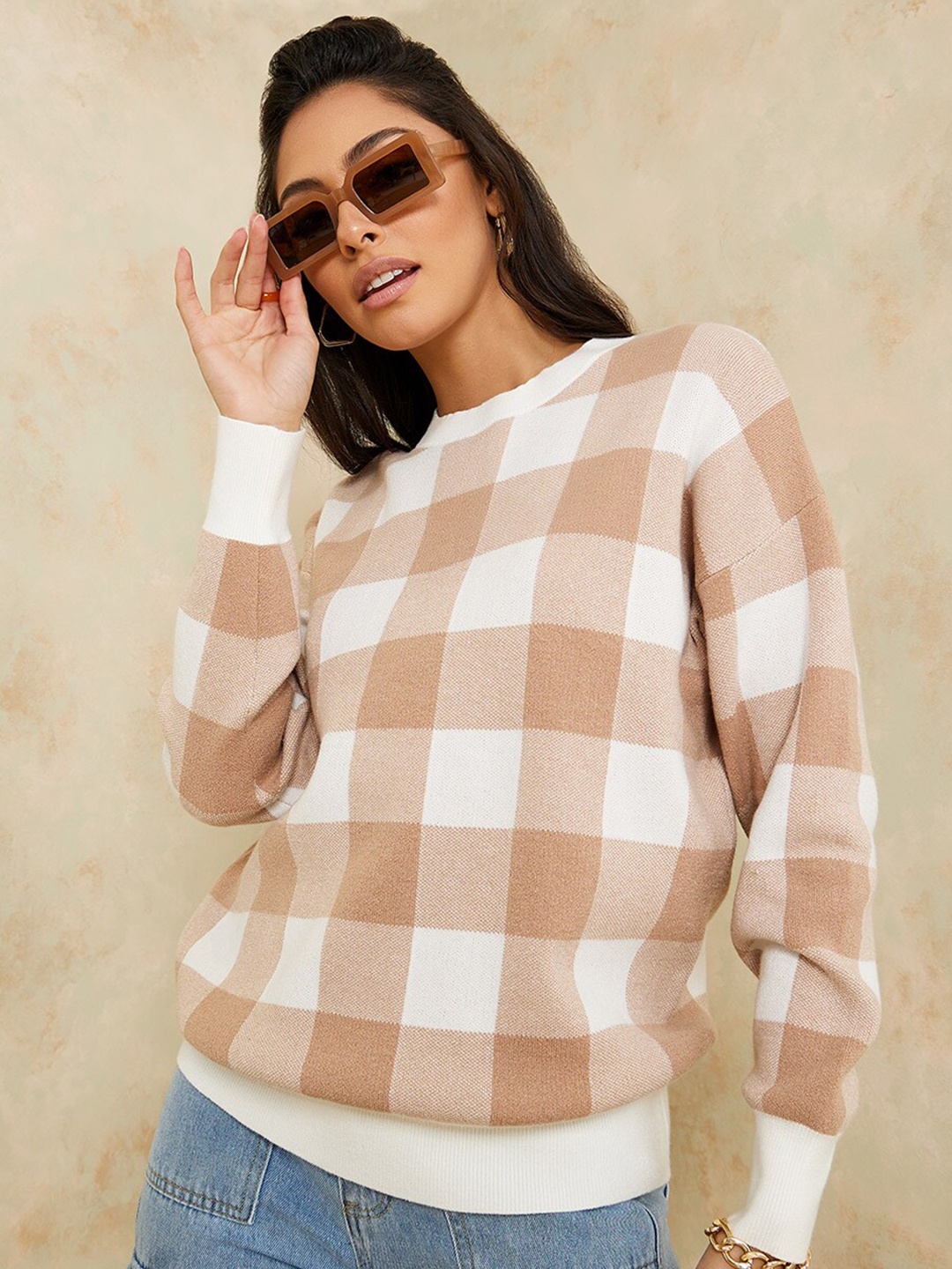 

Styli Women Checked Boxy Fit Pullover Sweater, Beige