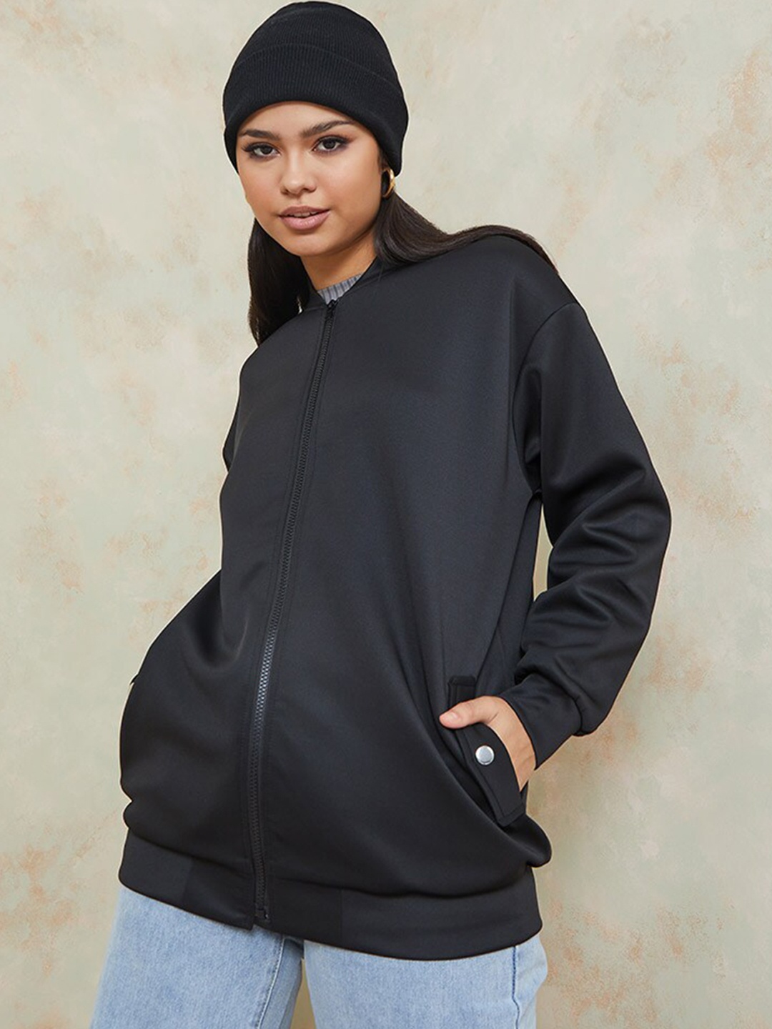 

Styli Women Black Oversized Longline Bomber Jacket