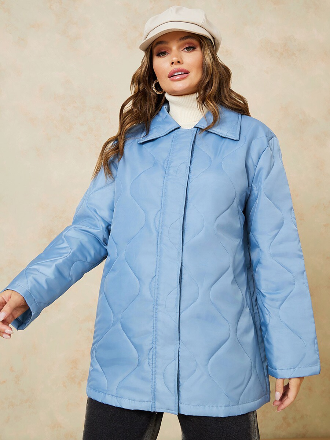

Styli Women Solid Padded Quilted Longline Oversized Shacket, Blue