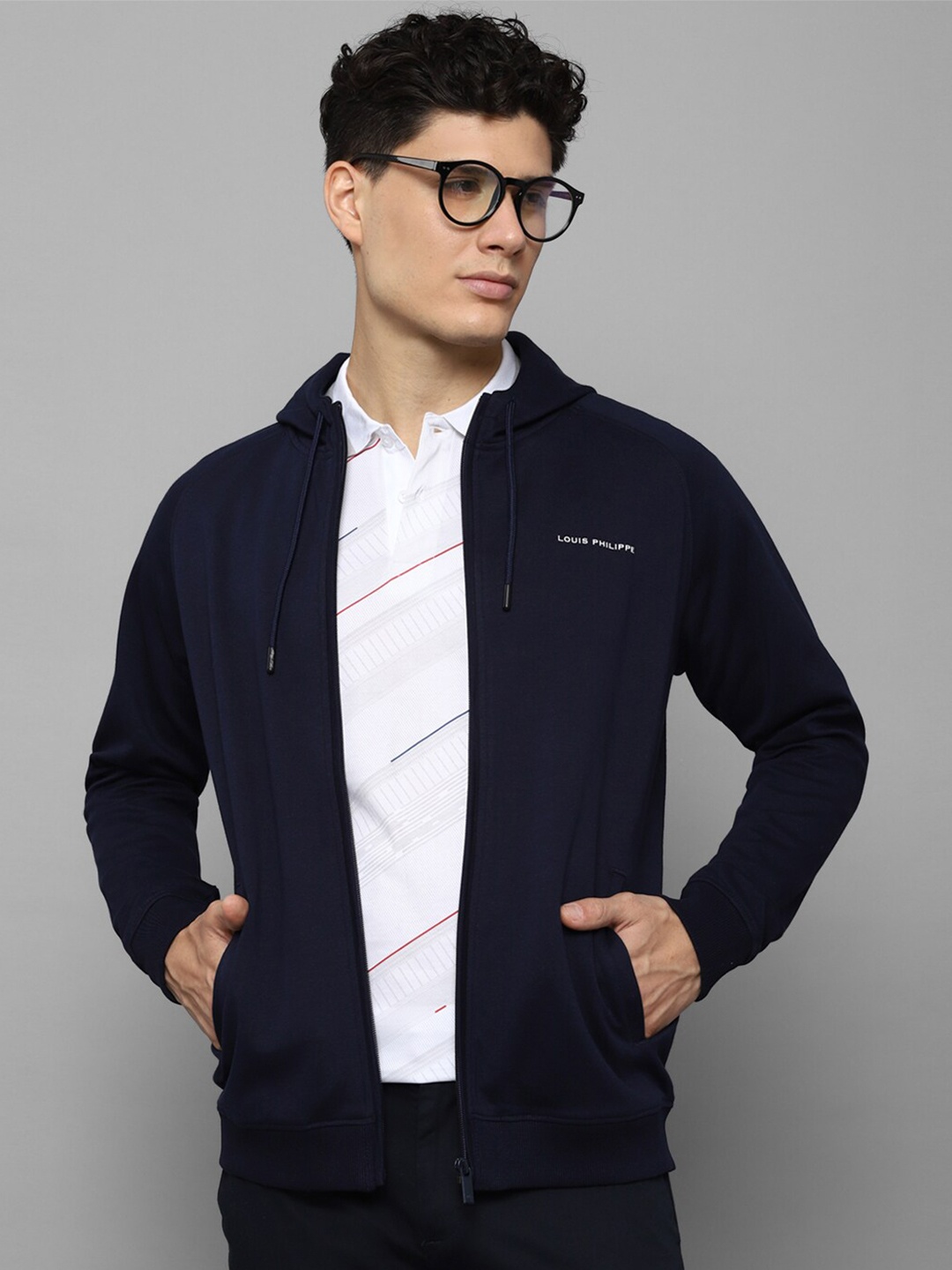 

Louis Philippe Men Navy Blue Solid Cotton Hooded Sweatshirt