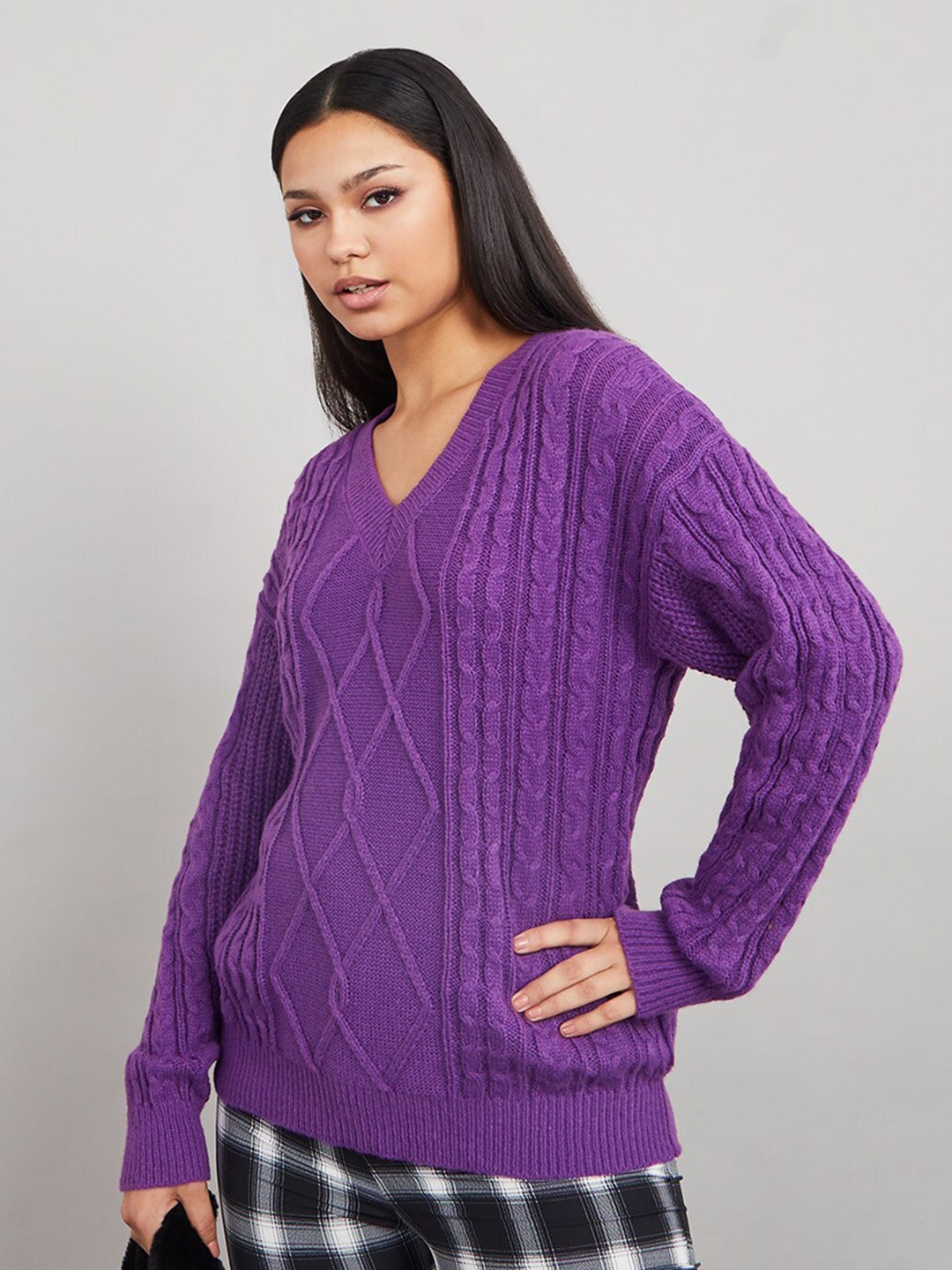 

Styli Women Purple Cable Knit Pullover