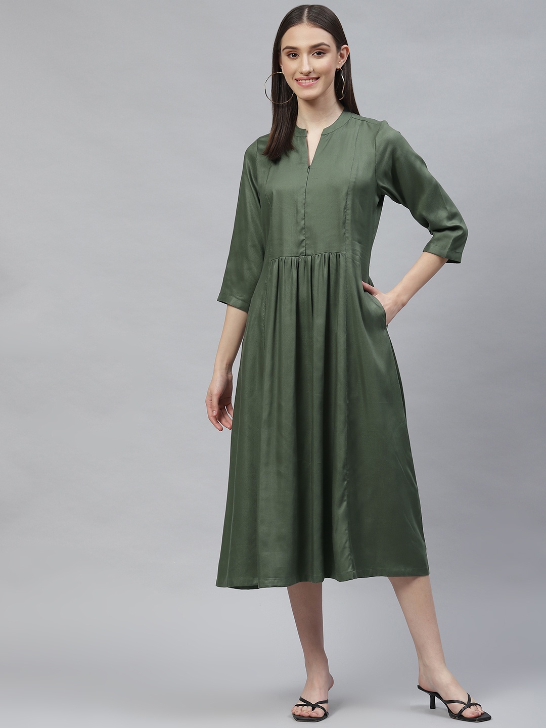 

Ayaany Women Olive Green Mandarin Collar Fit Flare Midi Dress