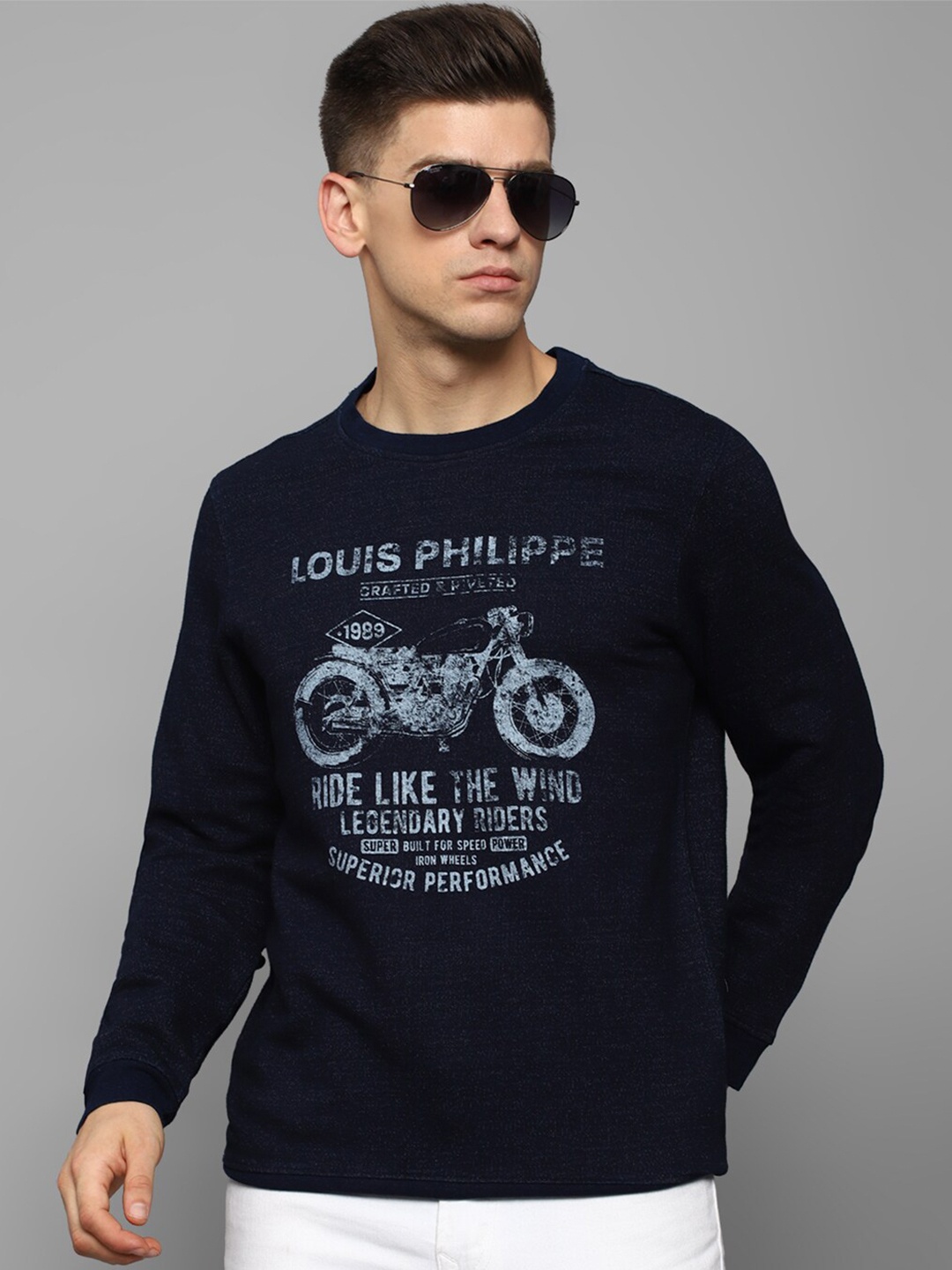 

Louis Philippe Jeans Men Navy Blue Printed Cotton Sweatshirt