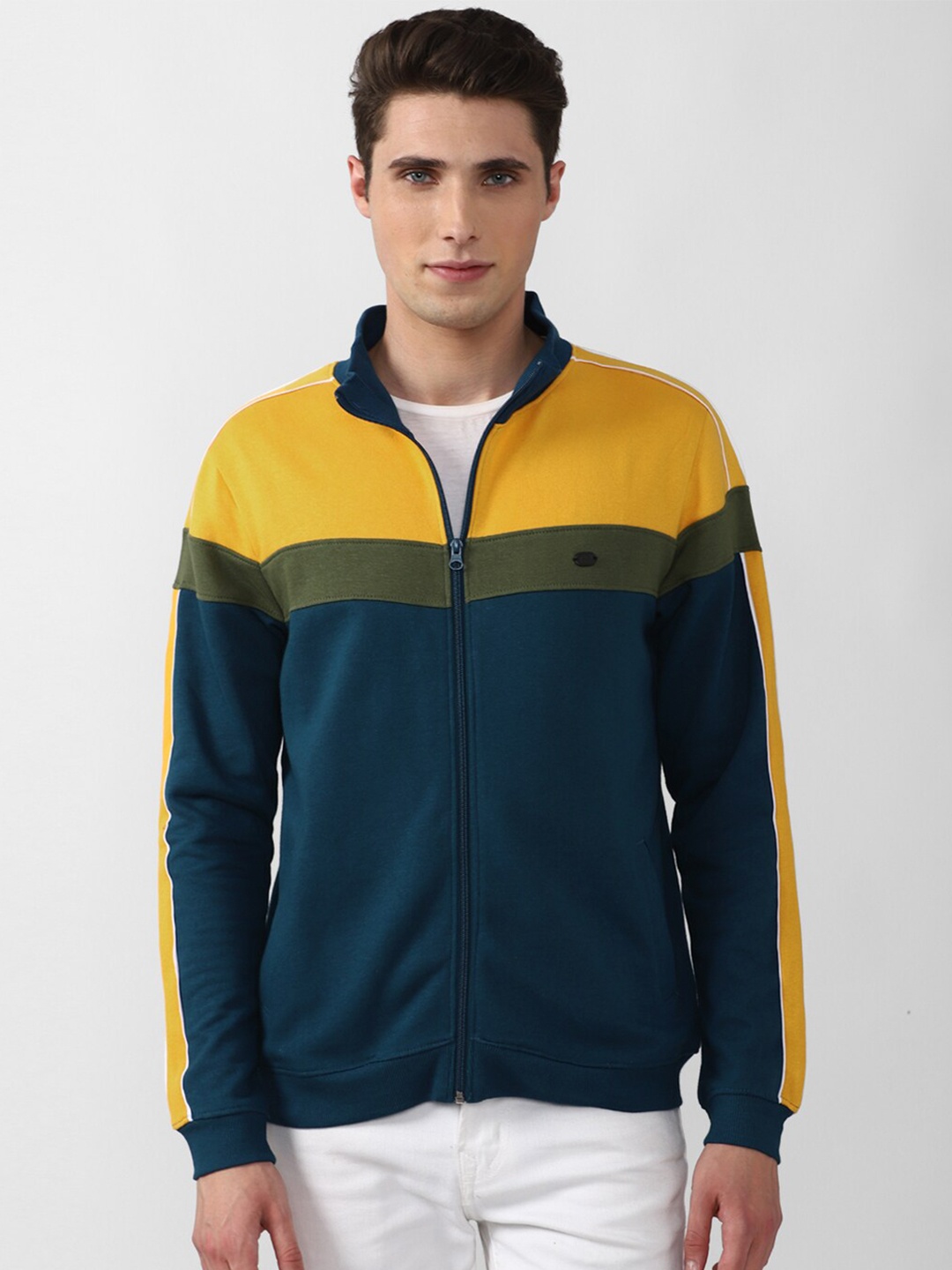 

Peter England Casuals Men Blue & Yellow Colourblocked Sweatshirt