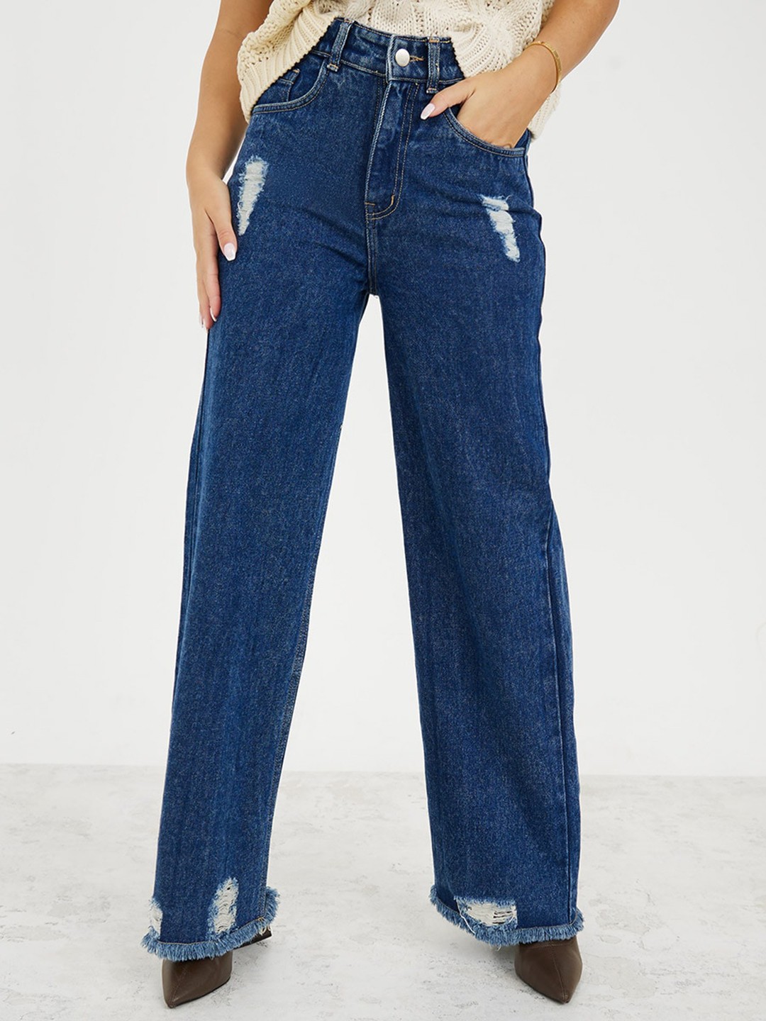 

Styli Women Blue Wide Leg High-Rise Low Distress Jeans