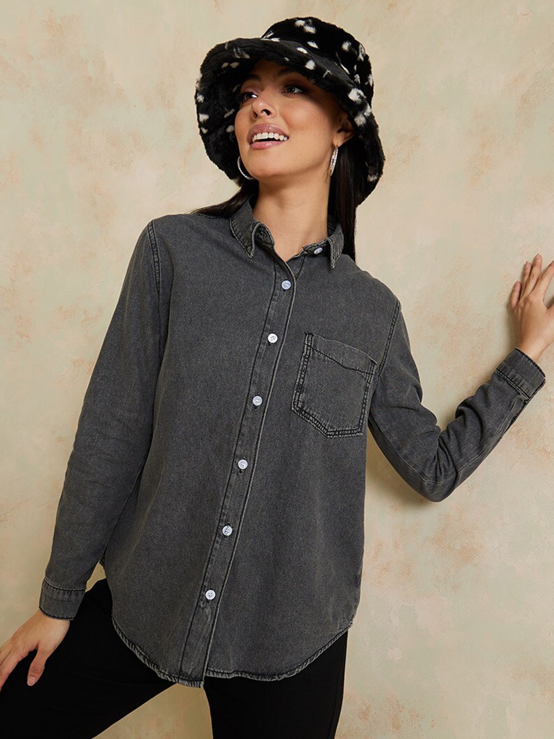 

Styli Women Grey Acid Wash Oversized Denim Shirt