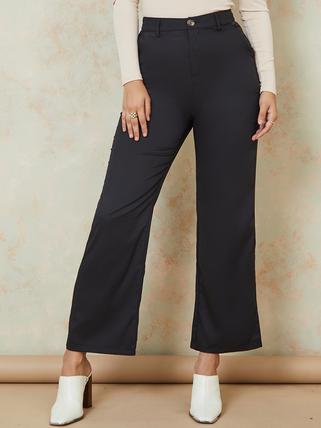 

Styli Women 2 Way Stretch High Rise Solid Straight Leg Trouser, Black