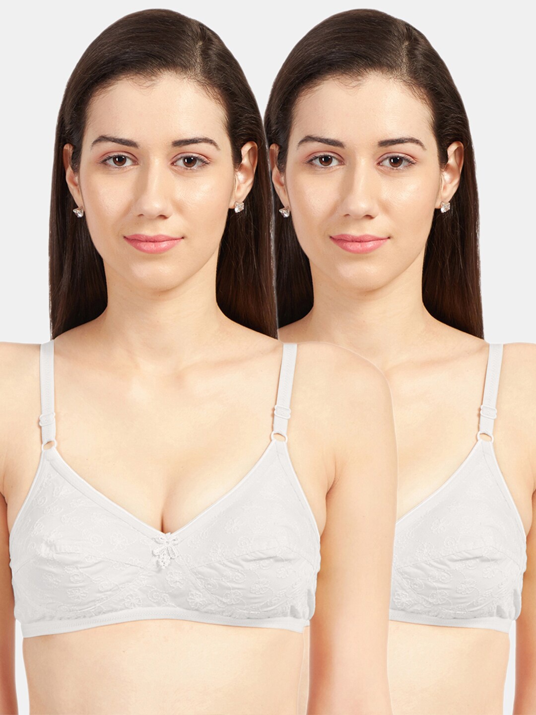 

Sonari Women Pack of 2 White Floral Embroidered Pure Cotton Non-Padded Bra